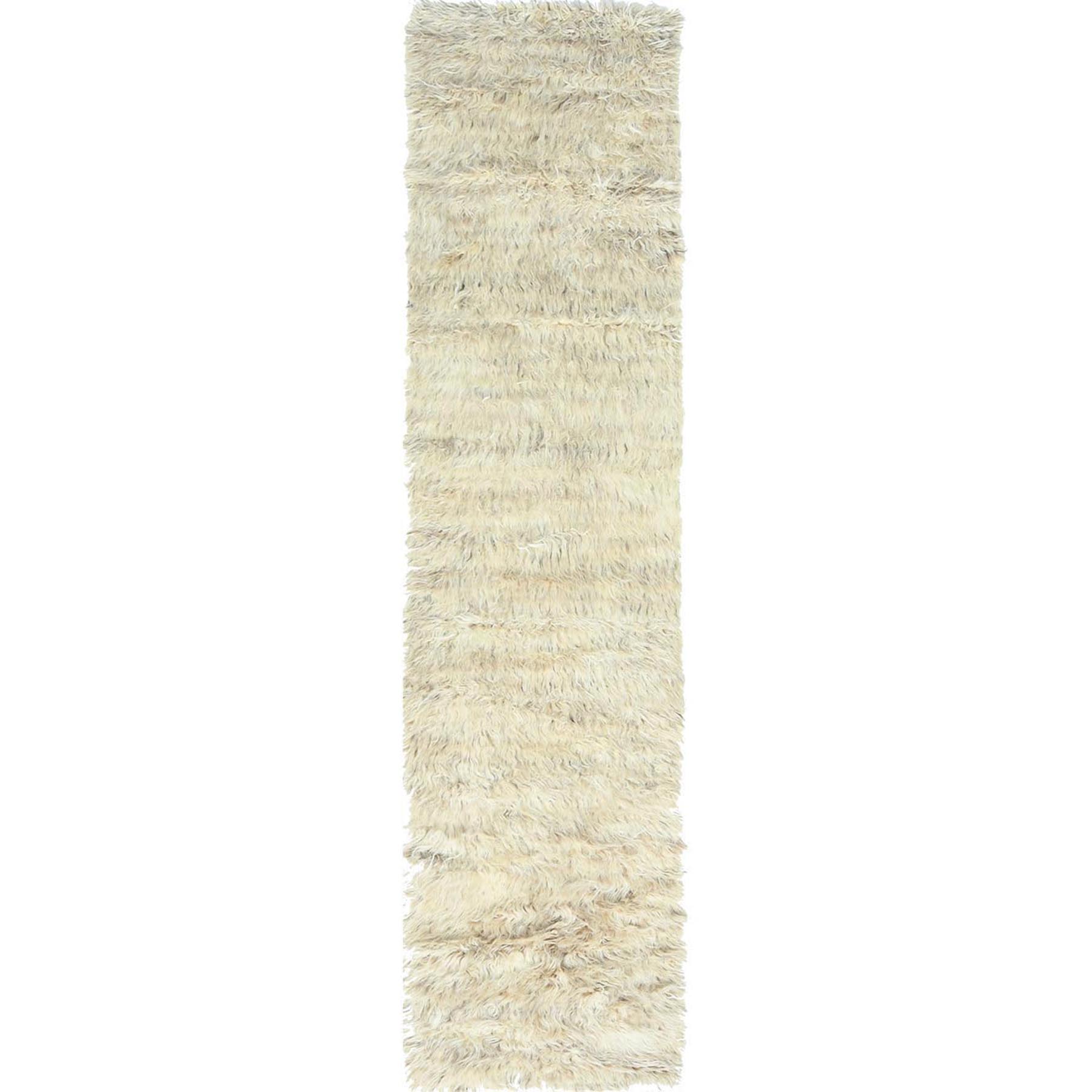 2'7"x10'1" Beige, Shaggy Moroccan Exotic Texture, Undyed Natural Wool Hand Knotted, Runner Oriental Rug HR82573