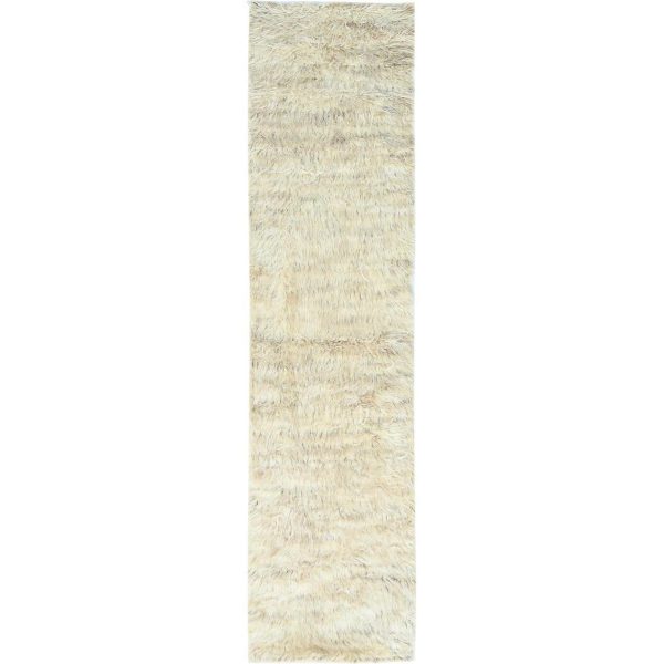 2'6"x10' Beige, Undyed Natural Wool Hand Knotted, Shaggy Moroccan Exotic Texture, Runner Oriental Rug HR82574