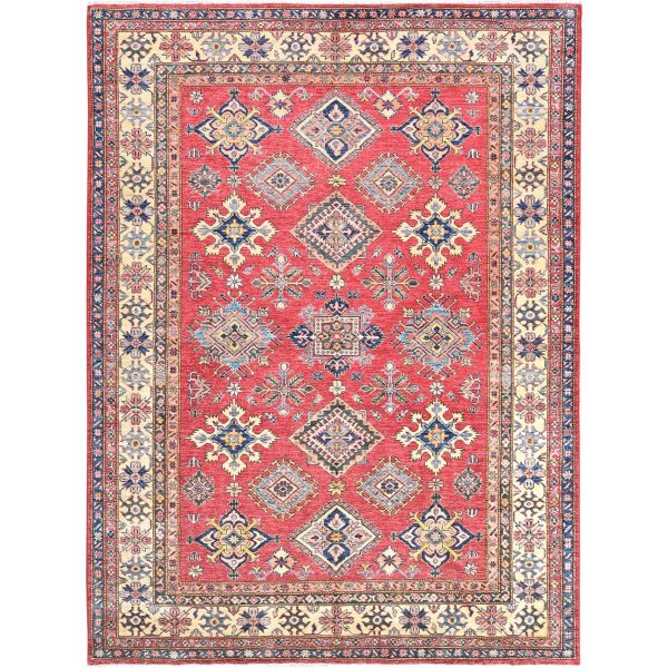 7'10"x10'6" Coral Red, Natural Dyes Densely Woven, Natural Wool Hand Knotted, Afghan Super Kazak with Geometric Medallions, Oriental Rug HR82640