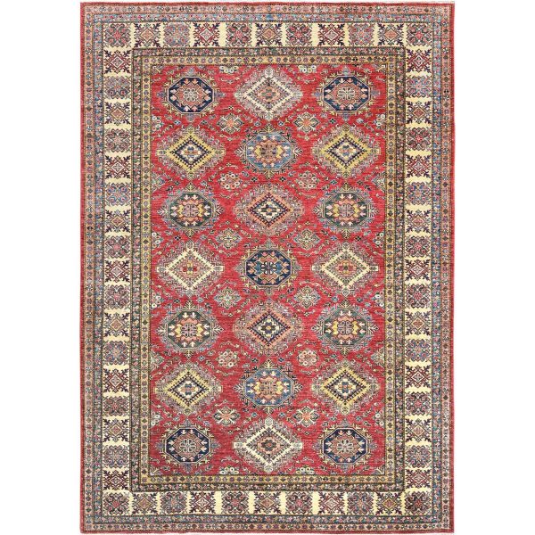 8'10"x12'8" Rich Red, Hand Knotted Afghan Super Kazak with Geometric Medallions, Vegetable Dyes Dense Weave, Pure Wool, Oriental Rug HR82641
