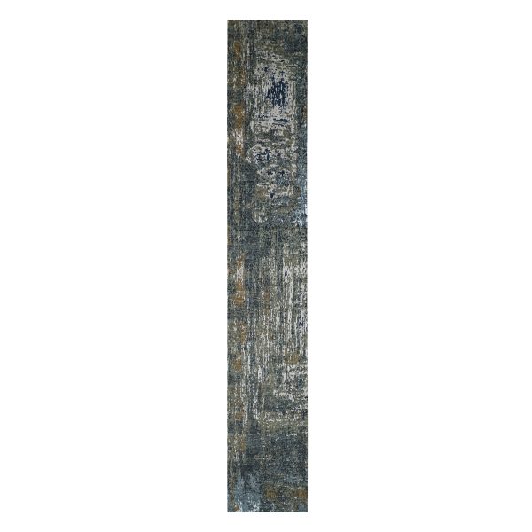 2'5"x19'10" Battleship Gray, Dense Weave Persian Knot, Organic Wool Hand Knotted, Abstract Design, XL Runner Oriental Rug HR83097