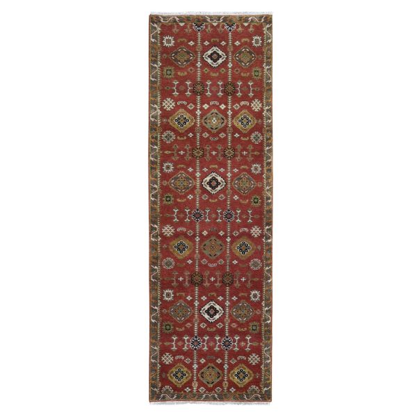 3'2"x10' 100% Wool Repetitive Geometric All Over Design Red Hand Knotted Wide Runner Oriental Rug HR66190