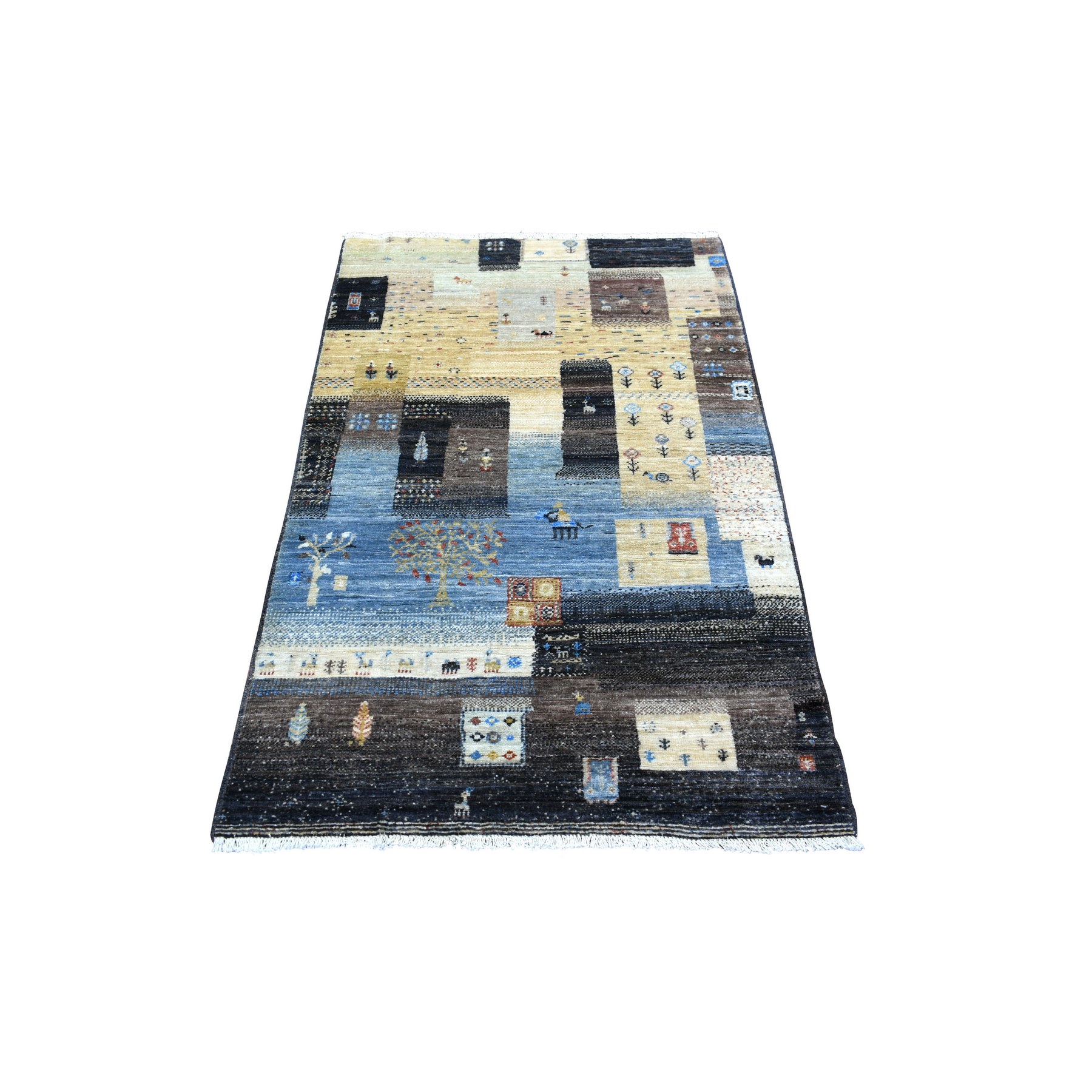 3'1"x5' Mix of Black, Yellow and Blue, Afghan Kashkuli Gabbeh with Pictorial Design Hand Knotted, Natural Wool Oriental Rug HR71031