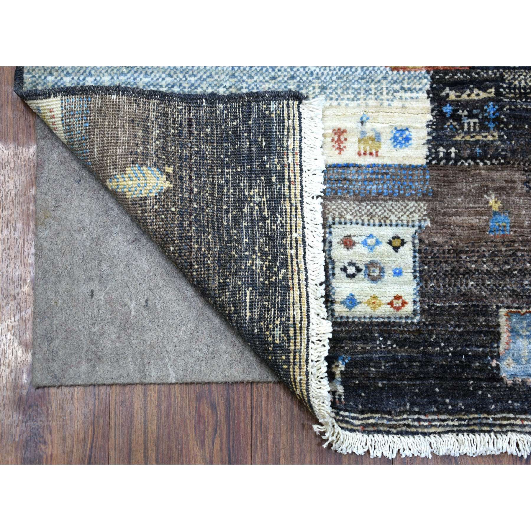 3'1"x5' Mix of Black, Yellow and Blue, Afghan Kashkuli Gabbeh with Pictorial Design Hand Knotted, Natural Wool Oriental Rug HR71031 - Image 2
