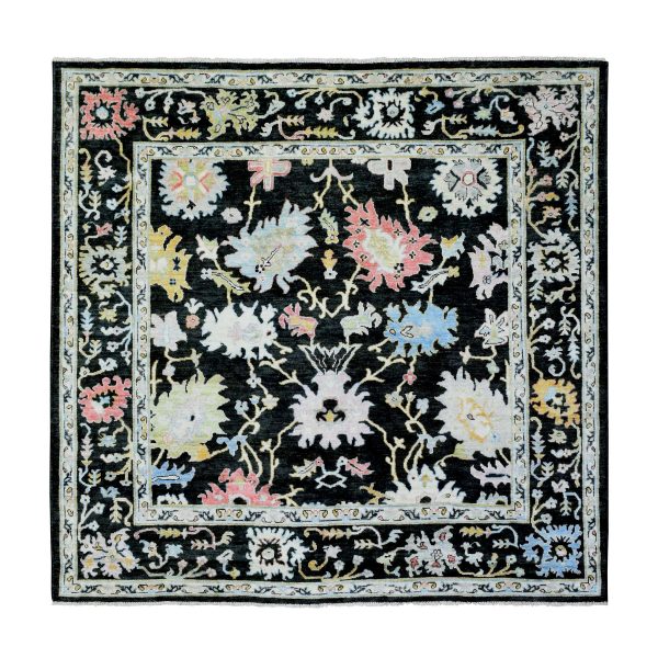 7'10"x7'10" Olive Black, Natural Dyes Soft Wool, Hand Knotted Afghan Angora Oushak with Pop of Color, Square Oriental Rug HR72952