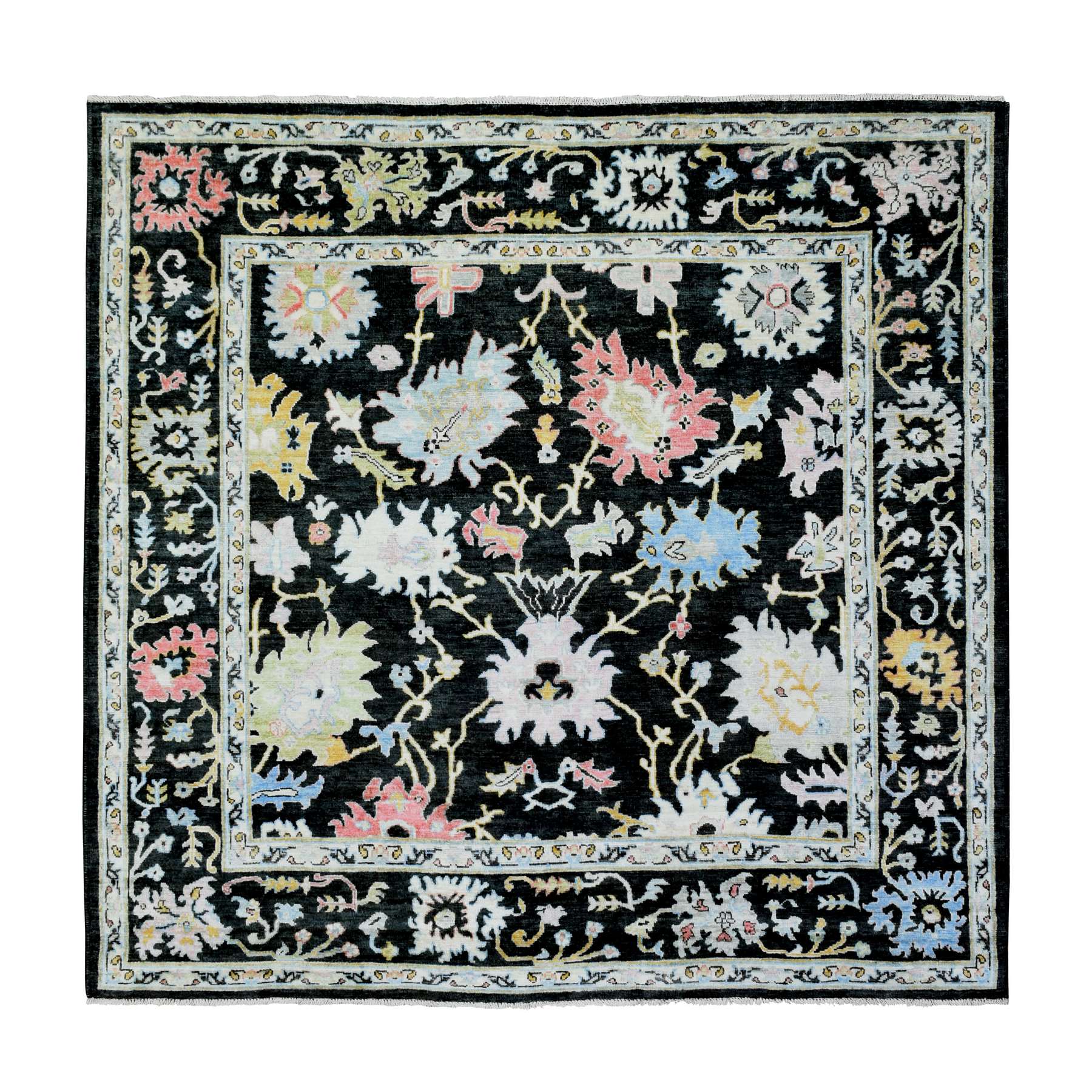 7'10"x7'10" Olive Black, Natural Dyes Soft Wool, Hand Knotted Afghan Angora Oushak with Pop of Color, Square Oriental Rug HR72952