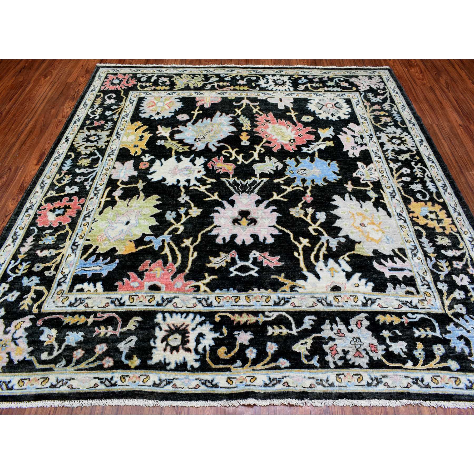 7'10"x7'10" Olive Black, Natural Dyes Soft Wool, Hand Knotted Afghan Angora Oushak with Pop of Color, Square Oriental Rug HR72952 - Image 2