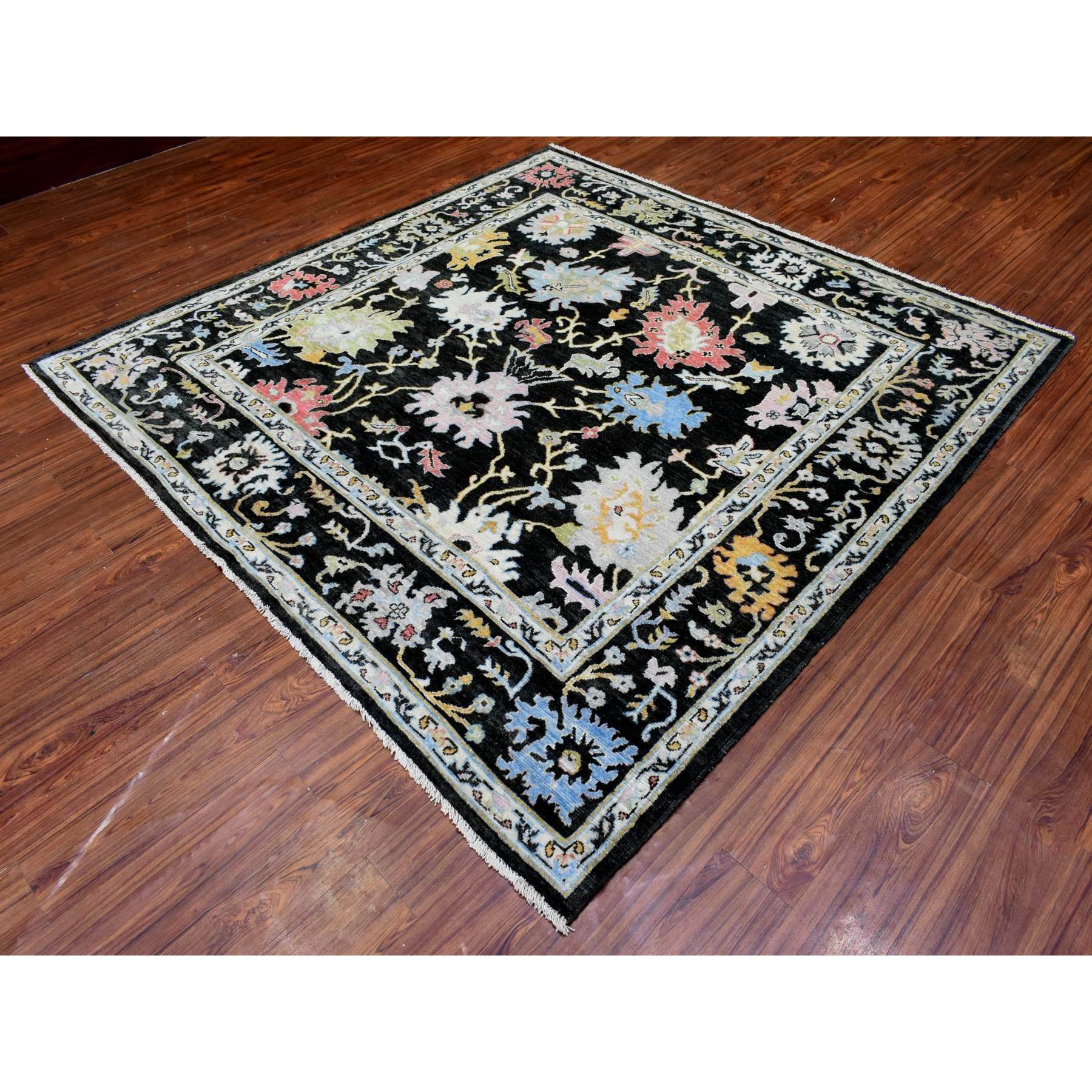 7'10"x7'10" Olive Black, Natural Dyes Soft Wool, Hand Knotted Afghan Angora Oushak with Pop of Color, Square Oriental Rug HR72952 - Image 3