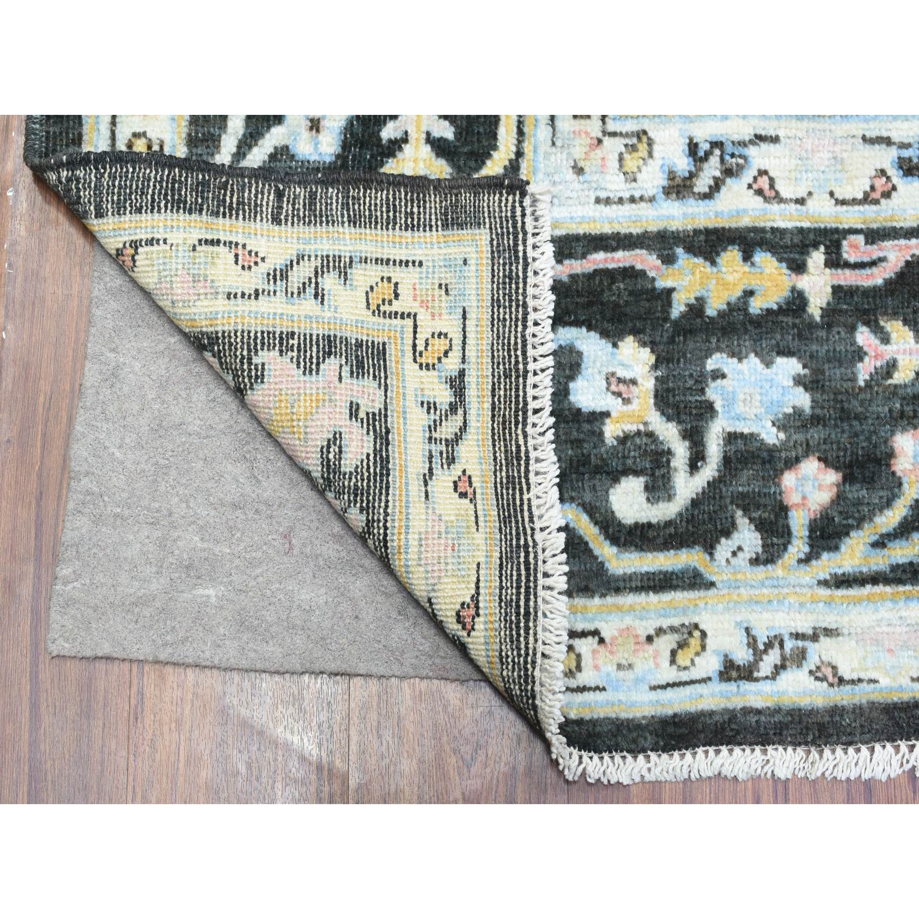 7'10"x7'10" Olive Black, Natural Dyes Soft Wool, Hand Knotted Afghan Angora Oushak with Pop of Color, Square Oriental Rug HR72952 - Image 4