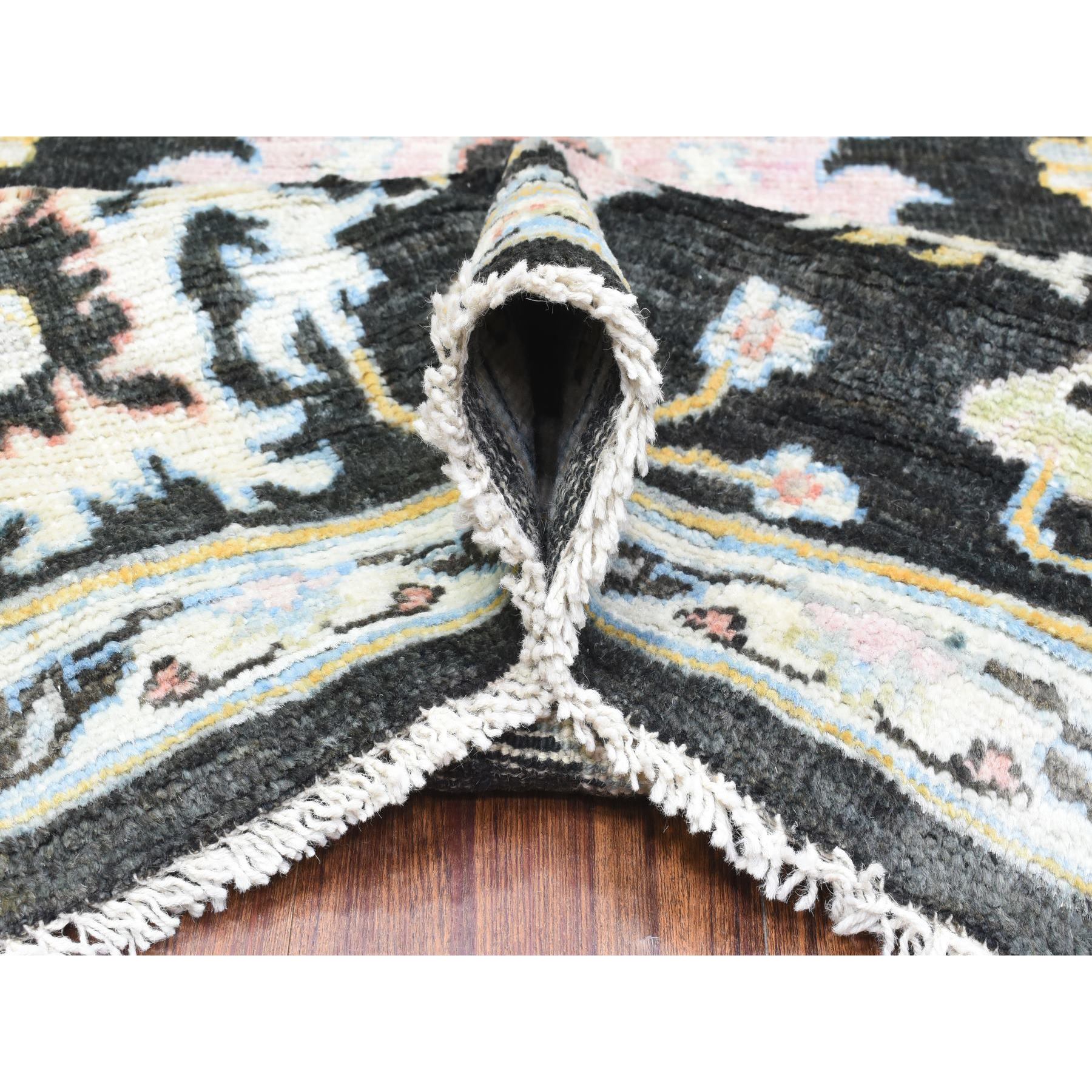 7'10"x7'10" Olive Black, Natural Dyes Soft Wool, Hand Knotted Afghan Angora Oushak with Pop of Color, Square Oriental Rug HR72952 - Image 5