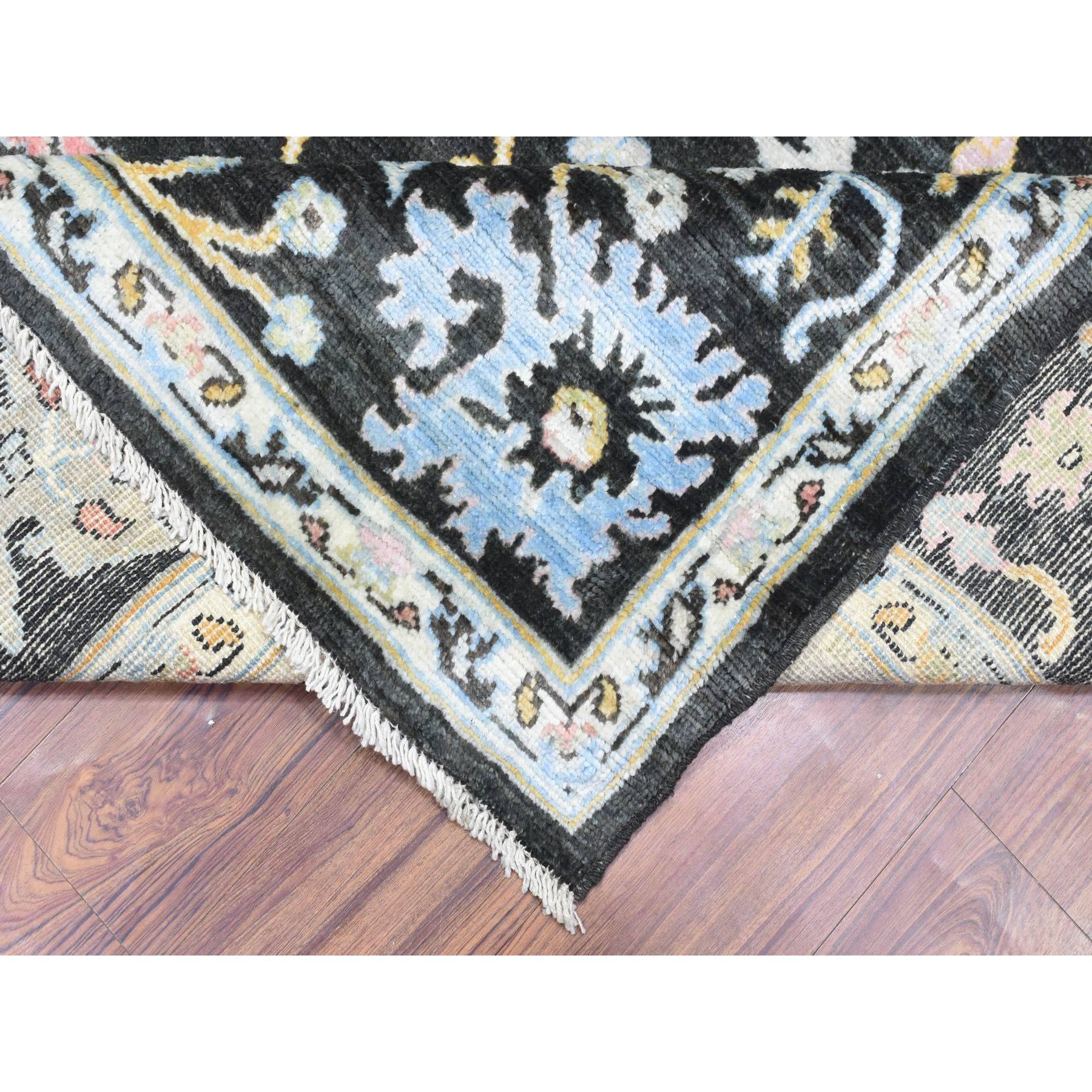 7'10"x7'10" Olive Black, Natural Dyes Soft Wool, Hand Knotted Afghan Angora Oushak with Pop of Color, Square Oriental Rug HR72952 - Image 6