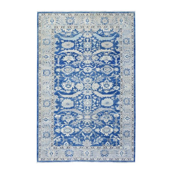 5'10"x9'1" Sapphire Blue, Pure Wool Hand Knotted, Finer Peshawar with Mahal Design, Densely Woven Natural Dyes, Oriental Rug HR73056