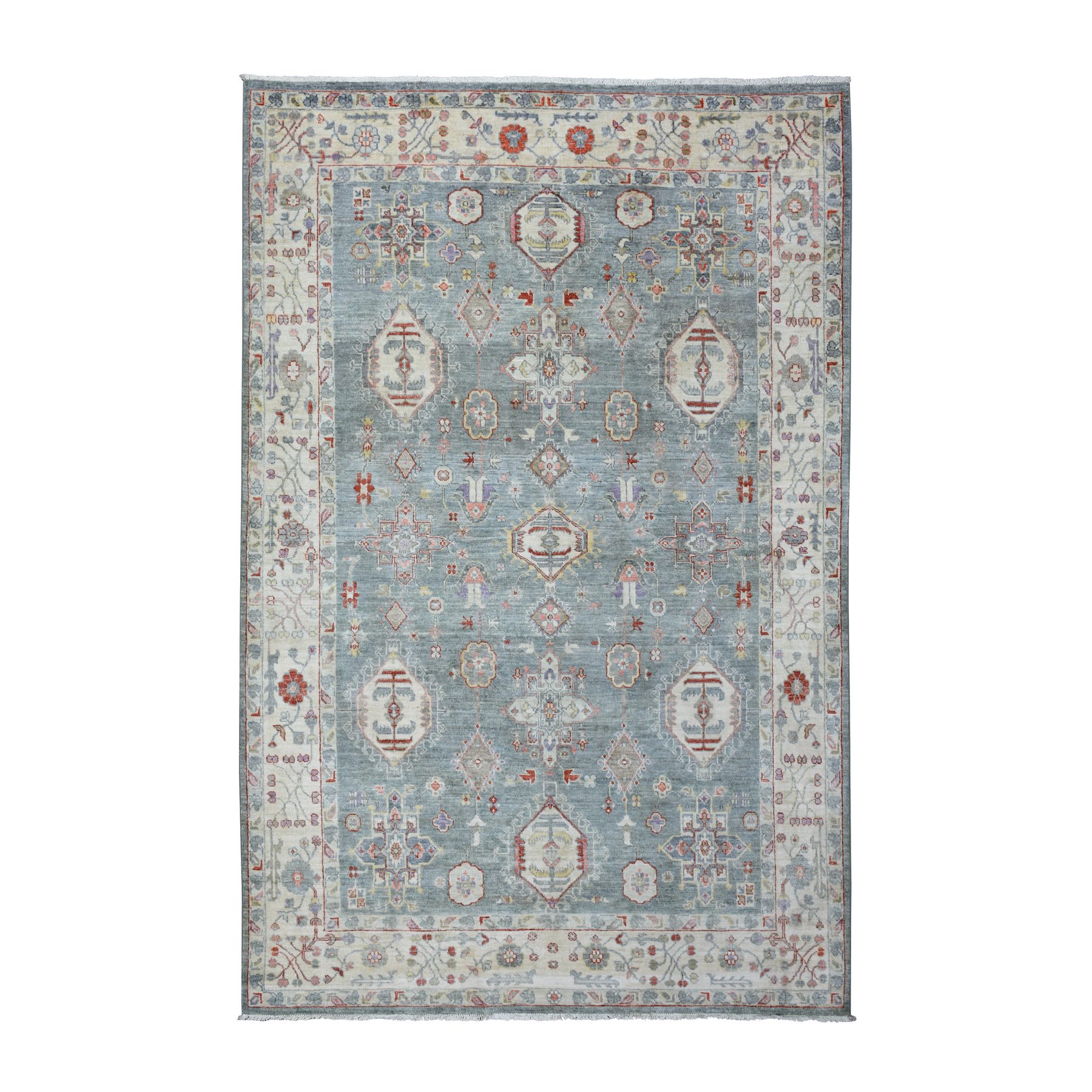 6'x9'2" Cadet Gray, Vegetable Dyes Soft Wool, Hand Knotted Finer Peshawar with Elements Design, Dense Weave, Oriental Rug HR73057