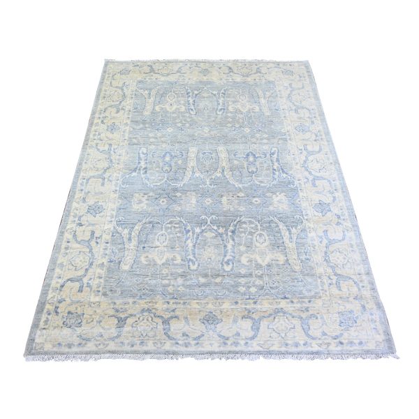 4'x5'9" Coin Gray, White Wash Peshawar, Natural Wool Hand Knotted, Oriental Rug HR73115
