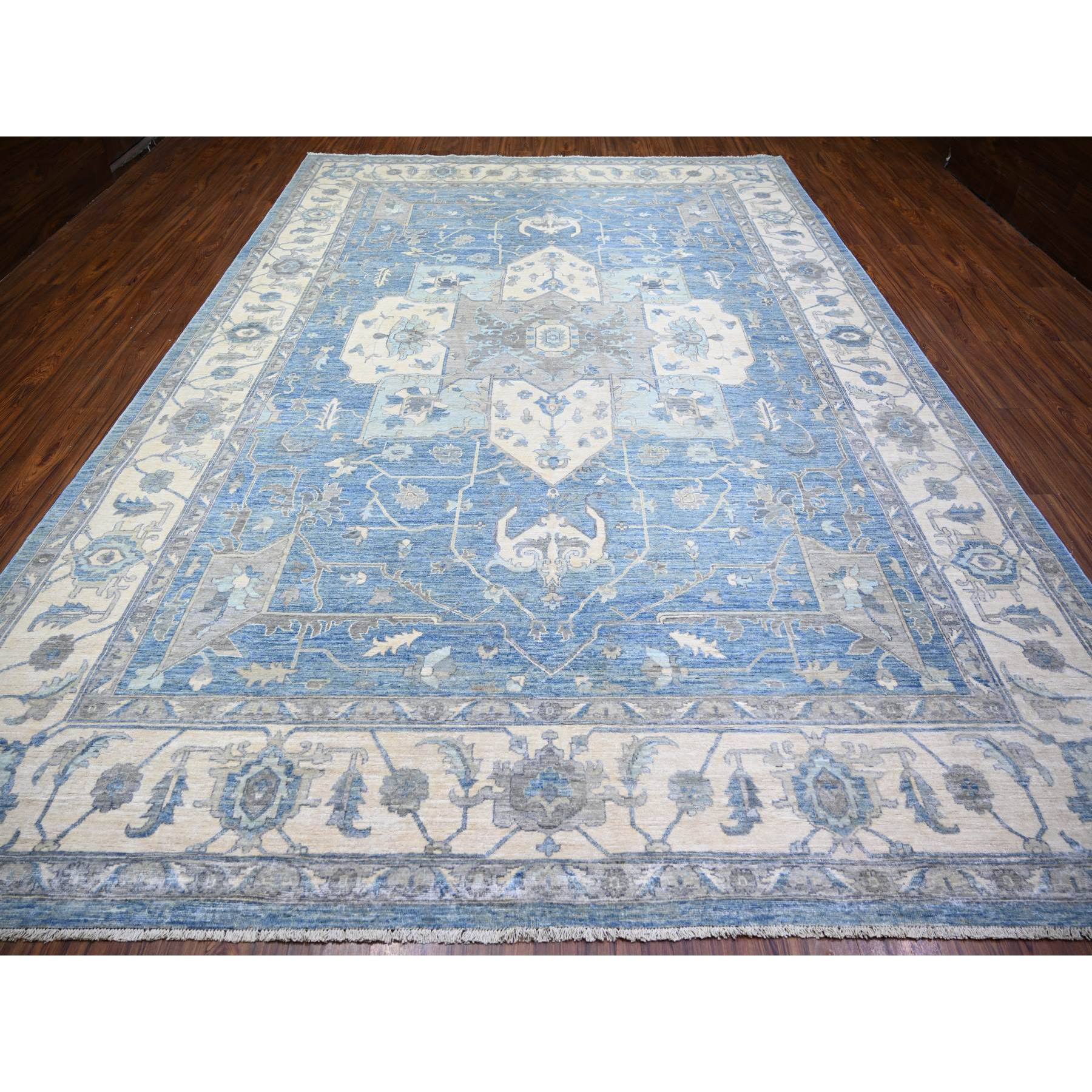 9'10"x14' Cerulean Blue, Vegetable Dyes Organic Wool, Hand Knotted Finer Peshawar with Heriz Medallion Design, Dense Weave, Oriental Rug HR73129 - Image 2