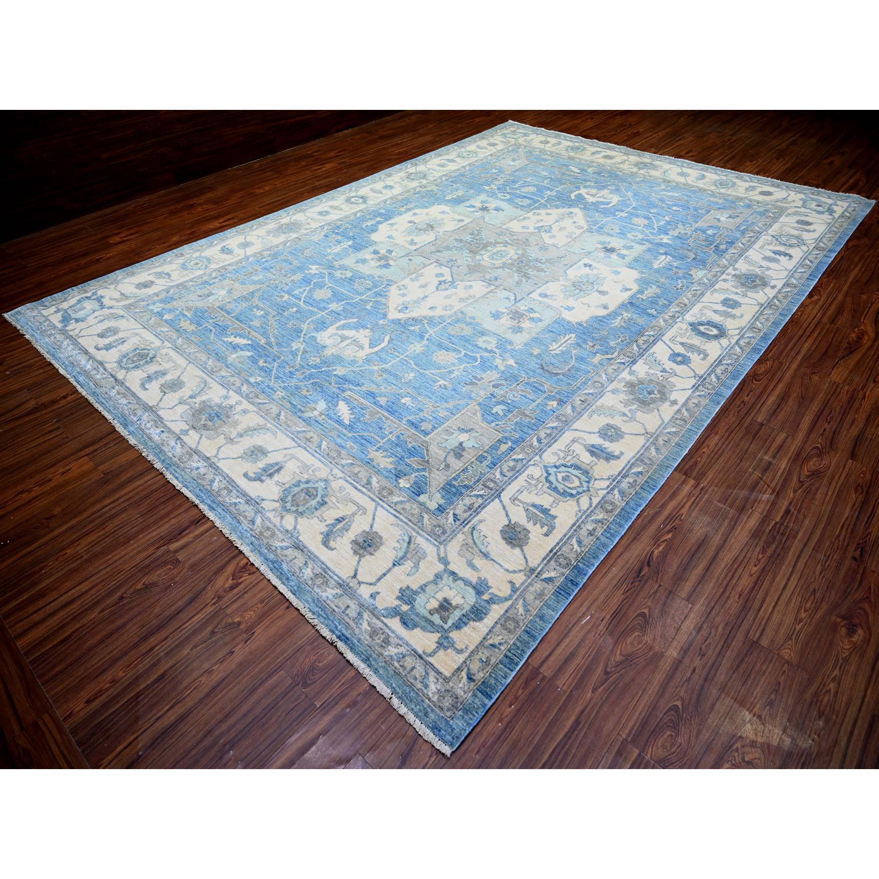 9'10"x14' Cerulean Blue, Vegetable Dyes Organic Wool, Hand Knotted Finer Peshawar with Heriz Medallion Design, Dense Weave, Oriental Rug HR73129 - Image 3