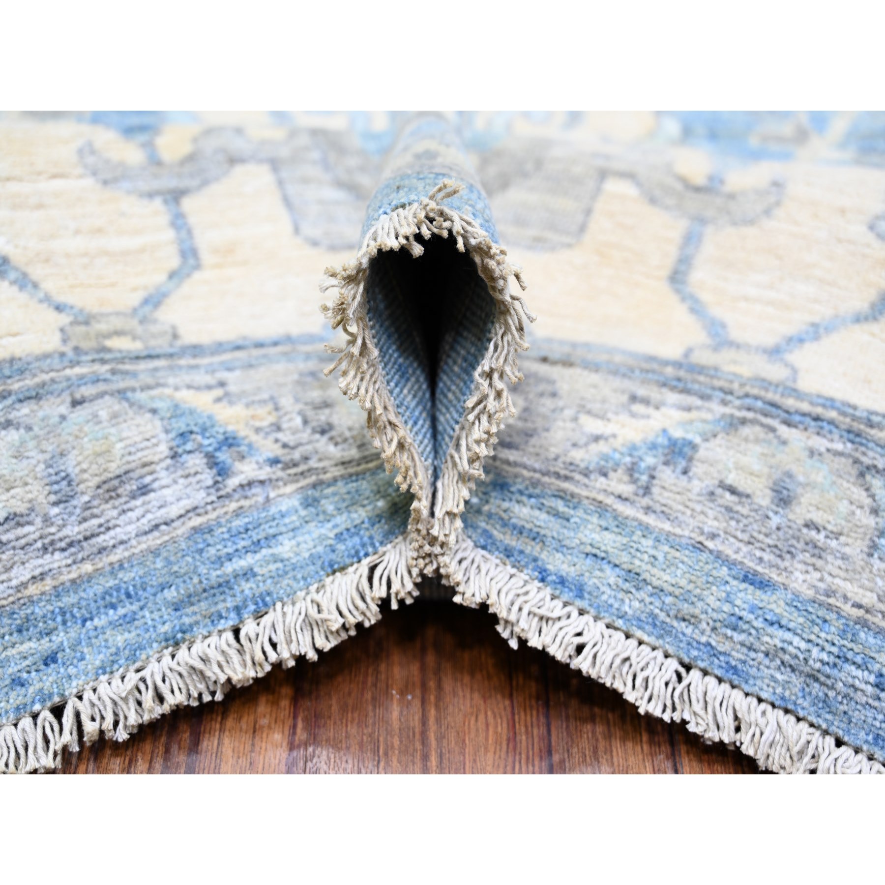 9'10"x14' Cerulean Blue, Vegetable Dyes Organic Wool, Hand Knotted Finer Peshawar with Heriz Medallion Design, Dense Weave, Oriental Rug HR73129 - Image 5