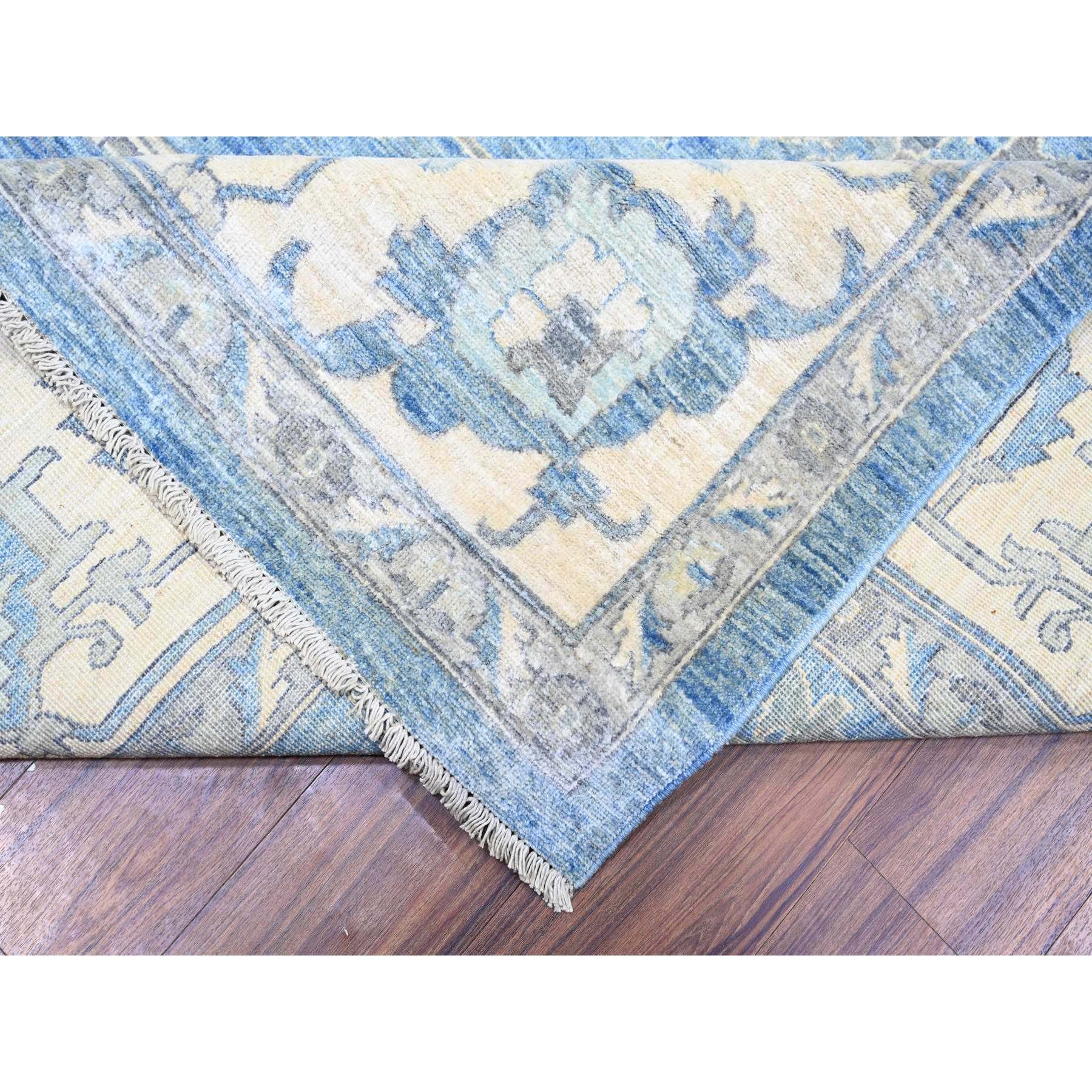 9'10"x14' Cerulean Blue, Vegetable Dyes Organic Wool, Hand Knotted Finer Peshawar with Heriz Medallion Design, Dense Weave, Oriental Rug HR73129 - Image 6