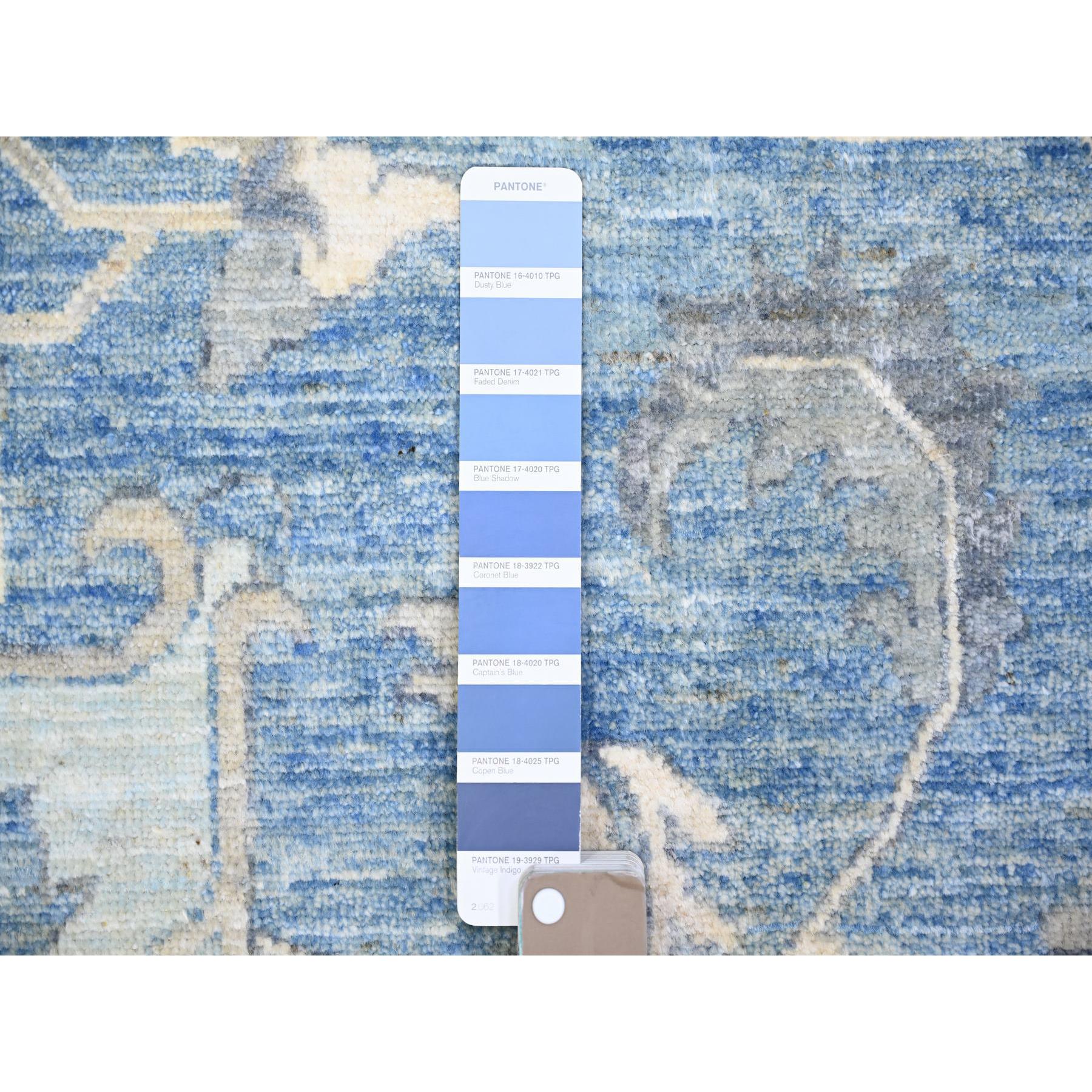 9'10"x14' Cerulean Blue, Vegetable Dyes Organic Wool, Hand Knotted Finer Peshawar with Heriz Medallion Design, Dense Weave, Oriental Rug HR73129 - Image 7