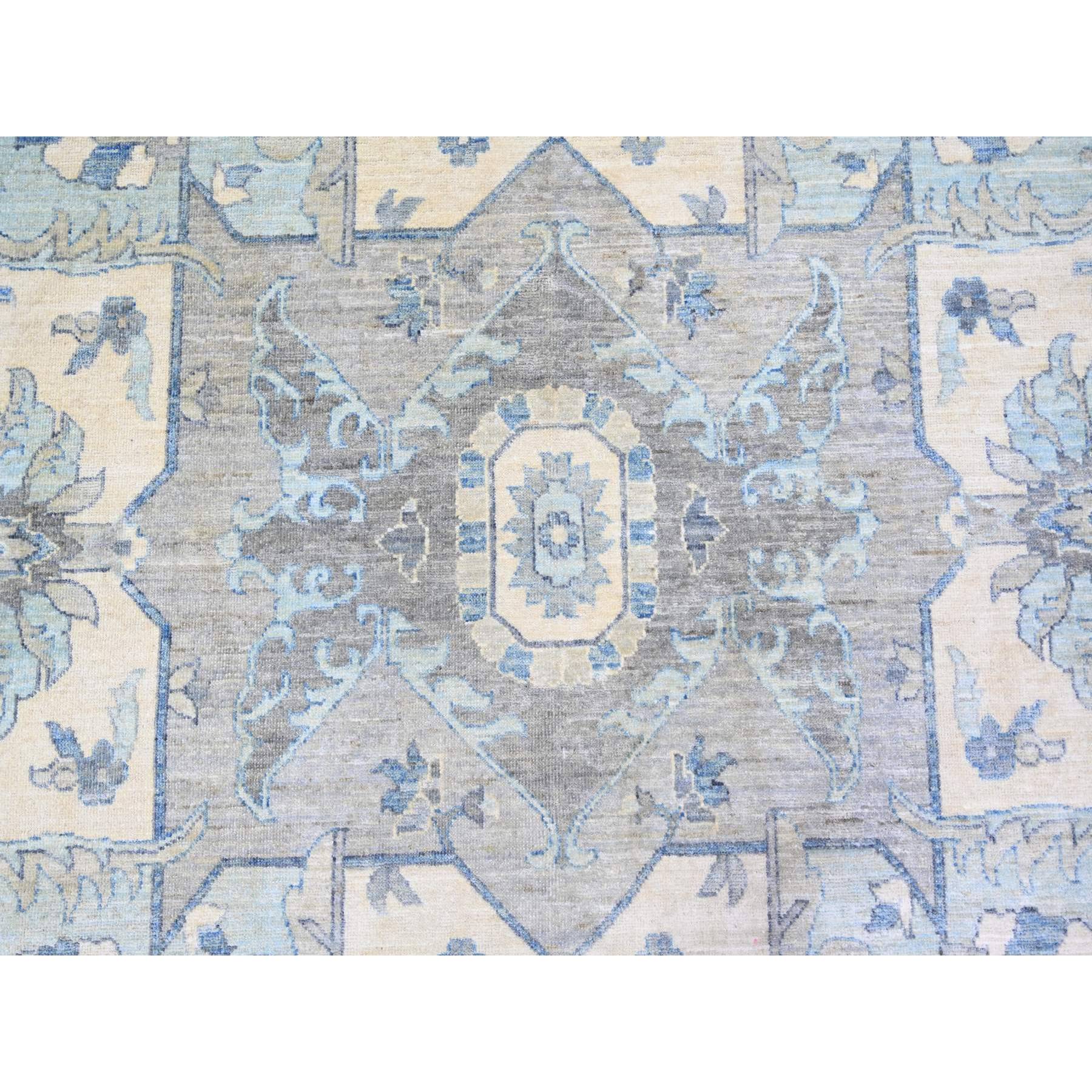 9'10"x14' Cerulean Blue, Vegetable Dyes Organic Wool, Hand Knotted Finer Peshawar with Heriz Medallion Design, Dense Weave, Oriental Rug HR73129 - Image 8