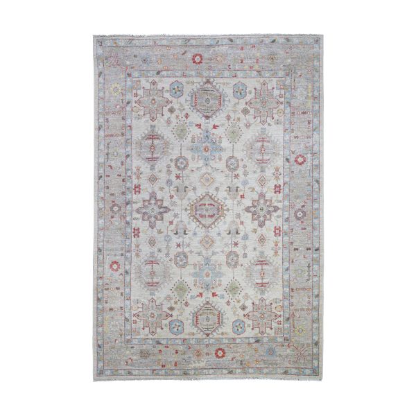 6'x9' Beige, Dense Weave Vegetable Dyes, Extra Soft Wool Hand Knotted, Finer Peshawar with Karajeh Design, Oriental Rug HR73143