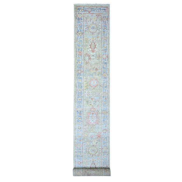 2'4"x19'8" Cloud Gray, Natural Wool Hand Knotted, Afghan Angora Oushak with All Over Design Vegetable Dyes, XL Runner Oriental Rug HR73175