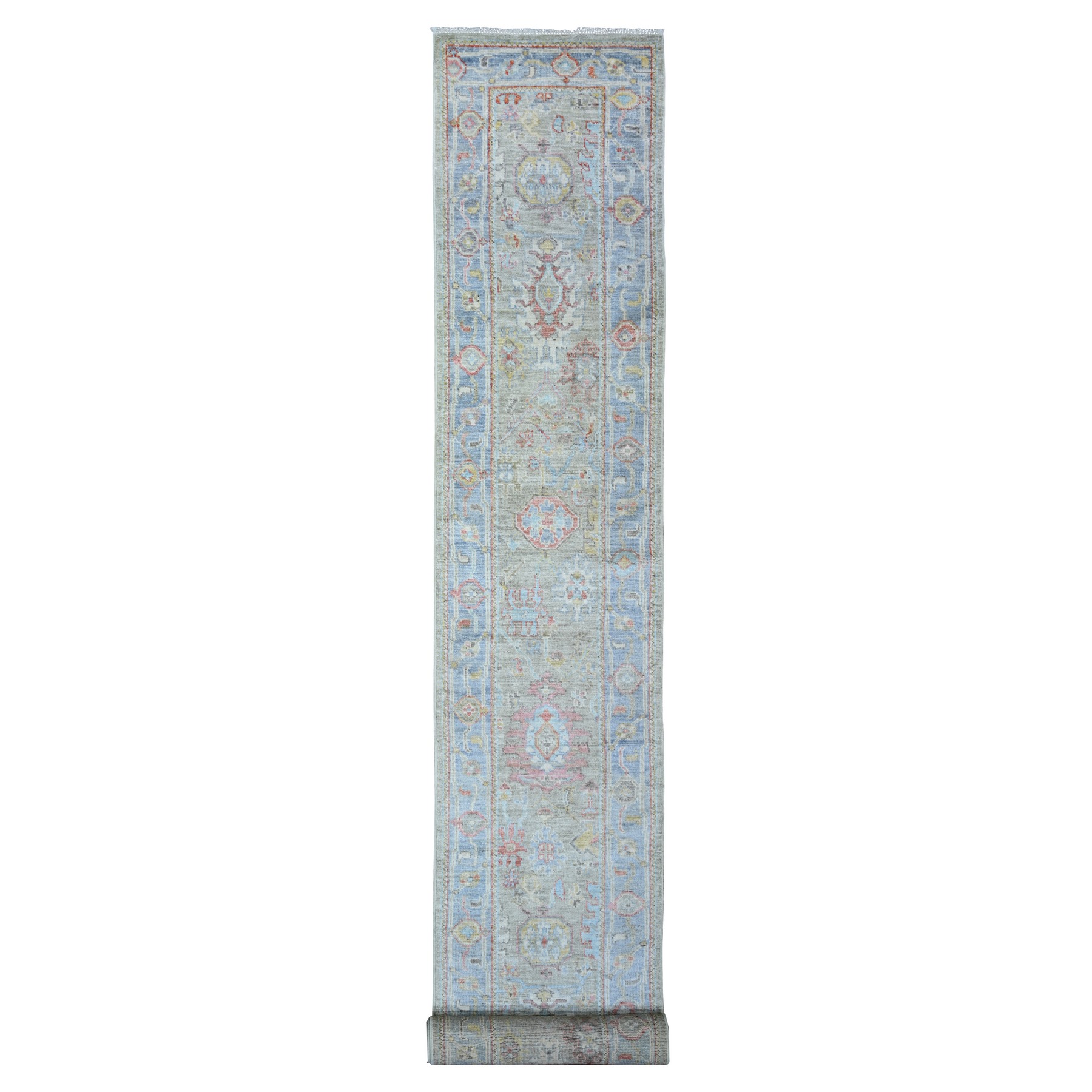2'6"x19'8" Sage Gray, Afghan Angora Oushak with Vegetable Dyes, Organic Wool Hand Knotted, XL Runner Oriental Rug HR73179