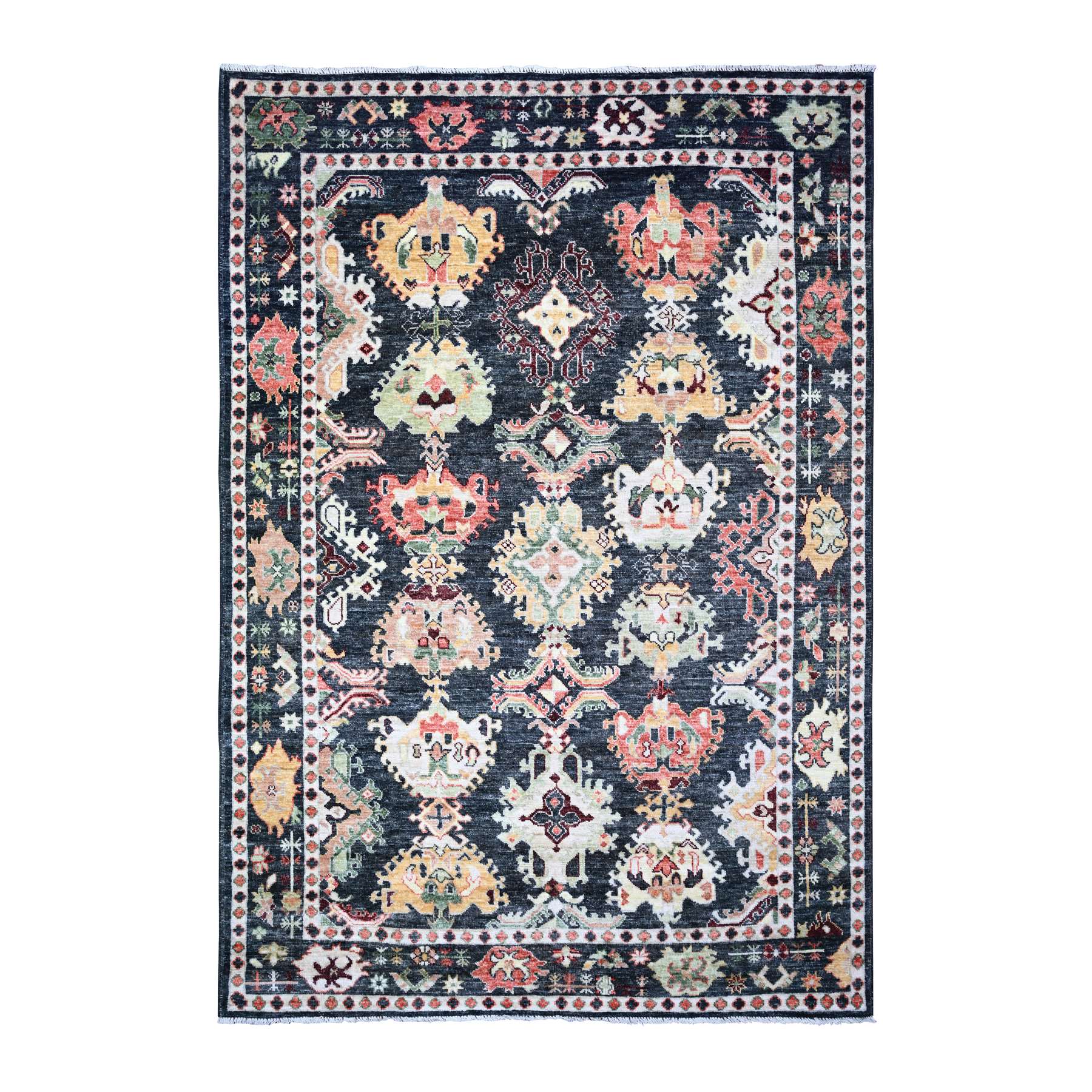 6'7"x9'5" Charcoal Black, Afghan Angora Oushak with Pop of Color, Geometric Leaf Design, Soft Wool, Hand Knotted, Vegetable Dyes, Oriental Rug HR73272