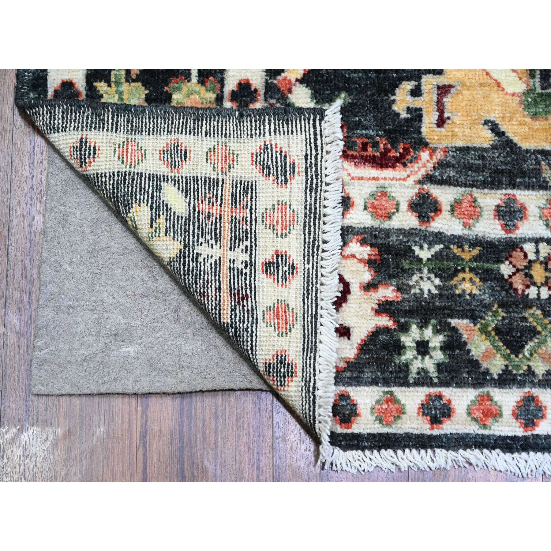 6'7"x9'5" Charcoal Black, Afghan Angora Oushak with Pop of Color, Geometric Leaf Design, Soft Wool, Hand Knotted, Vegetable Dyes, Oriental Rug HR73272 - Image 3