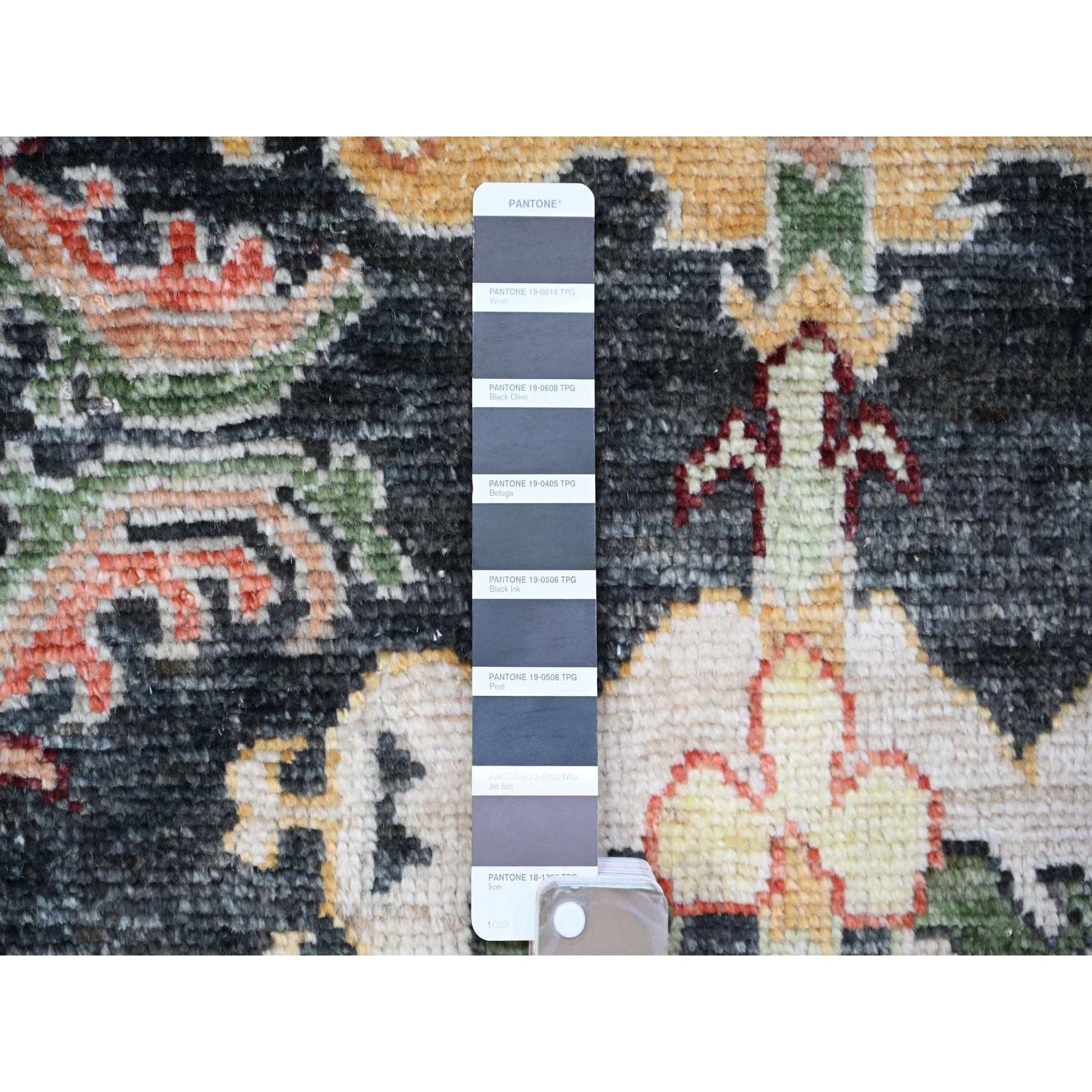 6'7"x9'5" Charcoal Black, Afghan Angora Oushak with Pop of Color, Geometric Leaf Design, Soft Wool, Hand Knotted, Vegetable Dyes, Oriental Rug HR73272 - Image 4