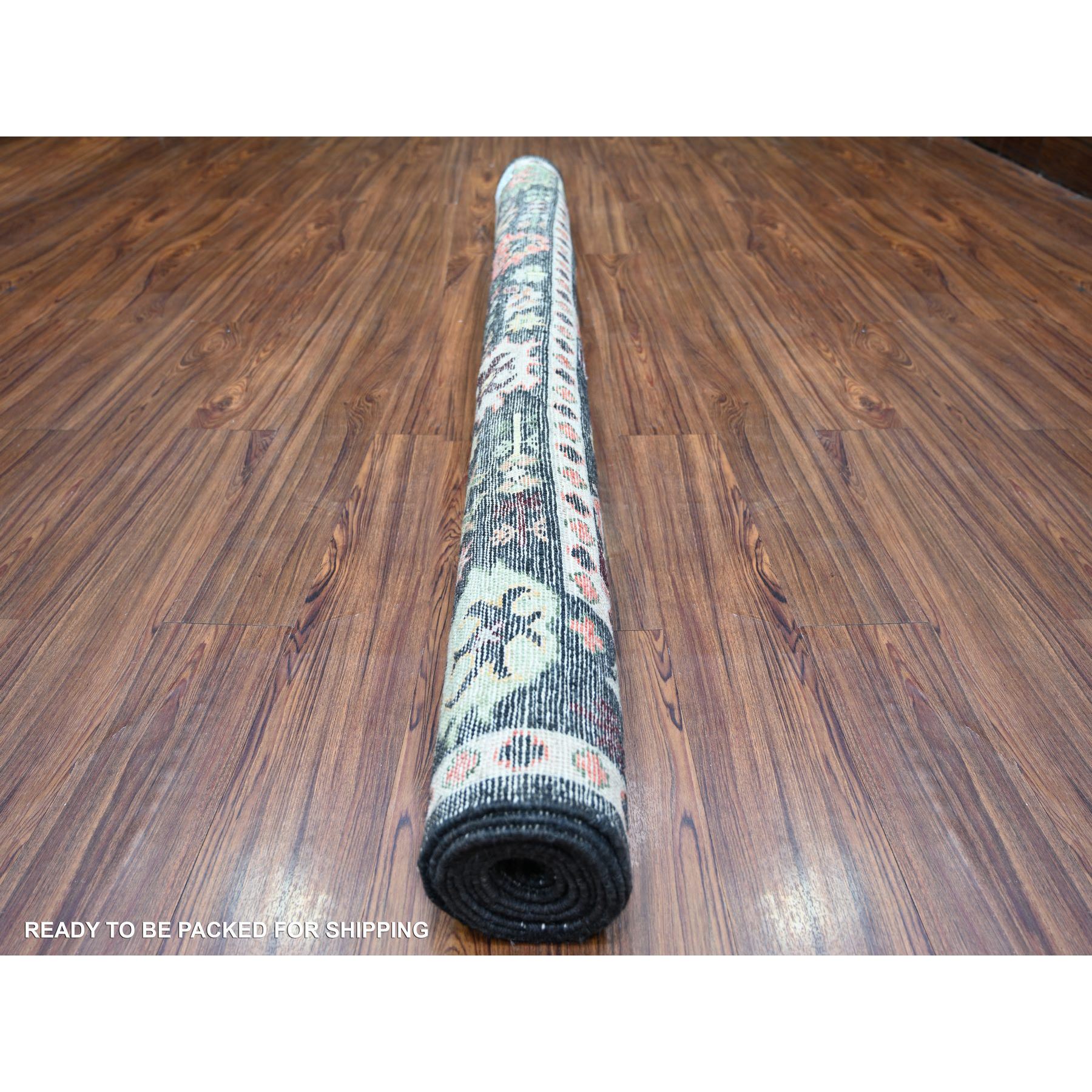 6'7"x9'5" Charcoal Black, Afghan Angora Oushak with Pop of Color, Geometric Leaf Design, Soft Wool, Hand Knotted, Vegetable Dyes, Oriental Rug HR73272 - Image 5