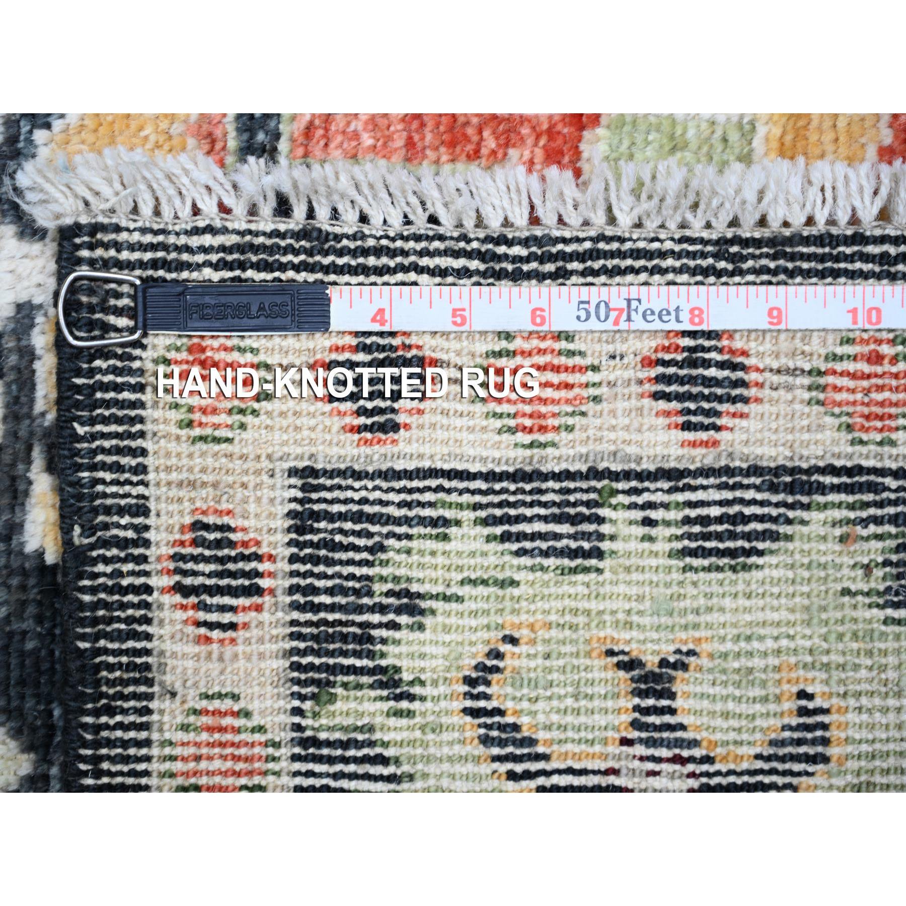 6'7"x9'5" Charcoal Black, Afghan Angora Oushak with Pop of Color, Geometric Leaf Design, Soft Wool, Hand Knotted, Vegetable Dyes, Oriental Rug HR73272 - Image 7