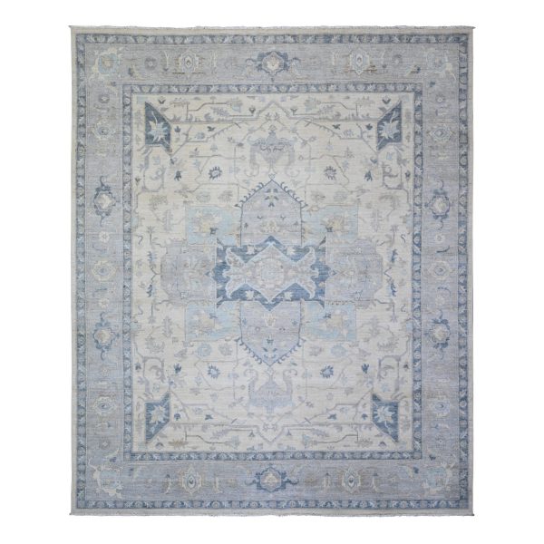 7'10"x9'7" Ivory, Stone Washed Peshawar with Serapi Heriz Design, Organic Wool Hand Knotted, Oriental Rug HR73279
