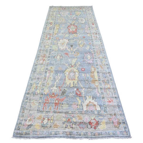 4'x11'7" Blue Gray, Pure Wool, Hand Knotted, Afghan Angora Oushak with Leaf Design, Vegetable Dyes Wide Runner Oriental Rug HR73296