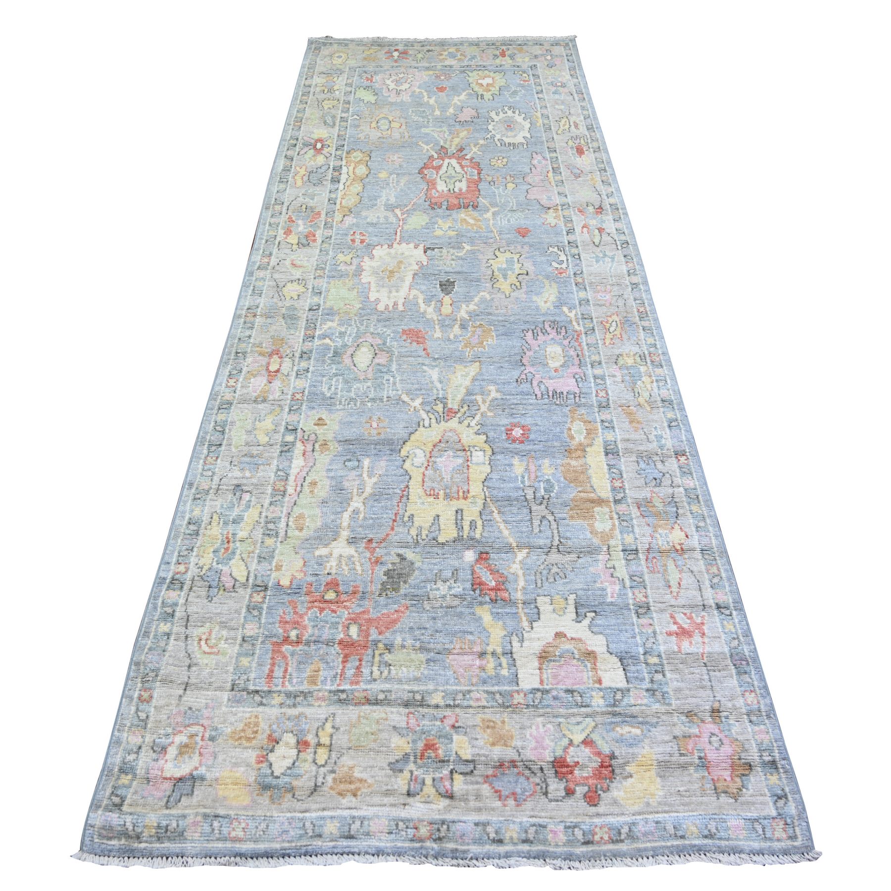 4'x11'7" Blue Gray, Pure Wool, Hand Knotted, Afghan Angora Oushak with Leaf Design, Vegetable Dyes Wide Runner Oriental Rug HR73296