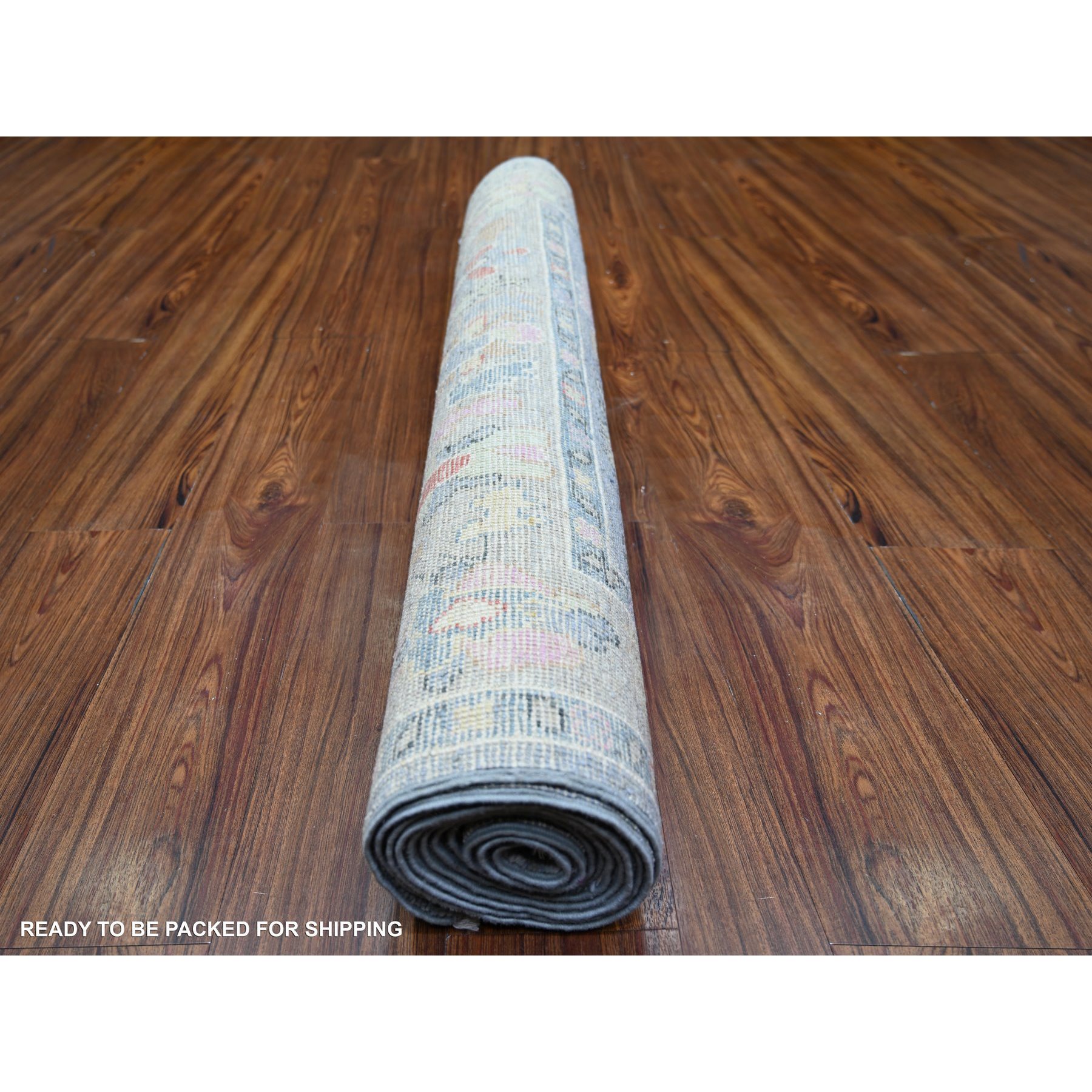 4'x11'7" Blue Gray, Pure Wool, Hand Knotted, Afghan Angora Oushak with Leaf Design, Vegetable Dyes Wide Runner Oriental Rug HR73296 - Image 4