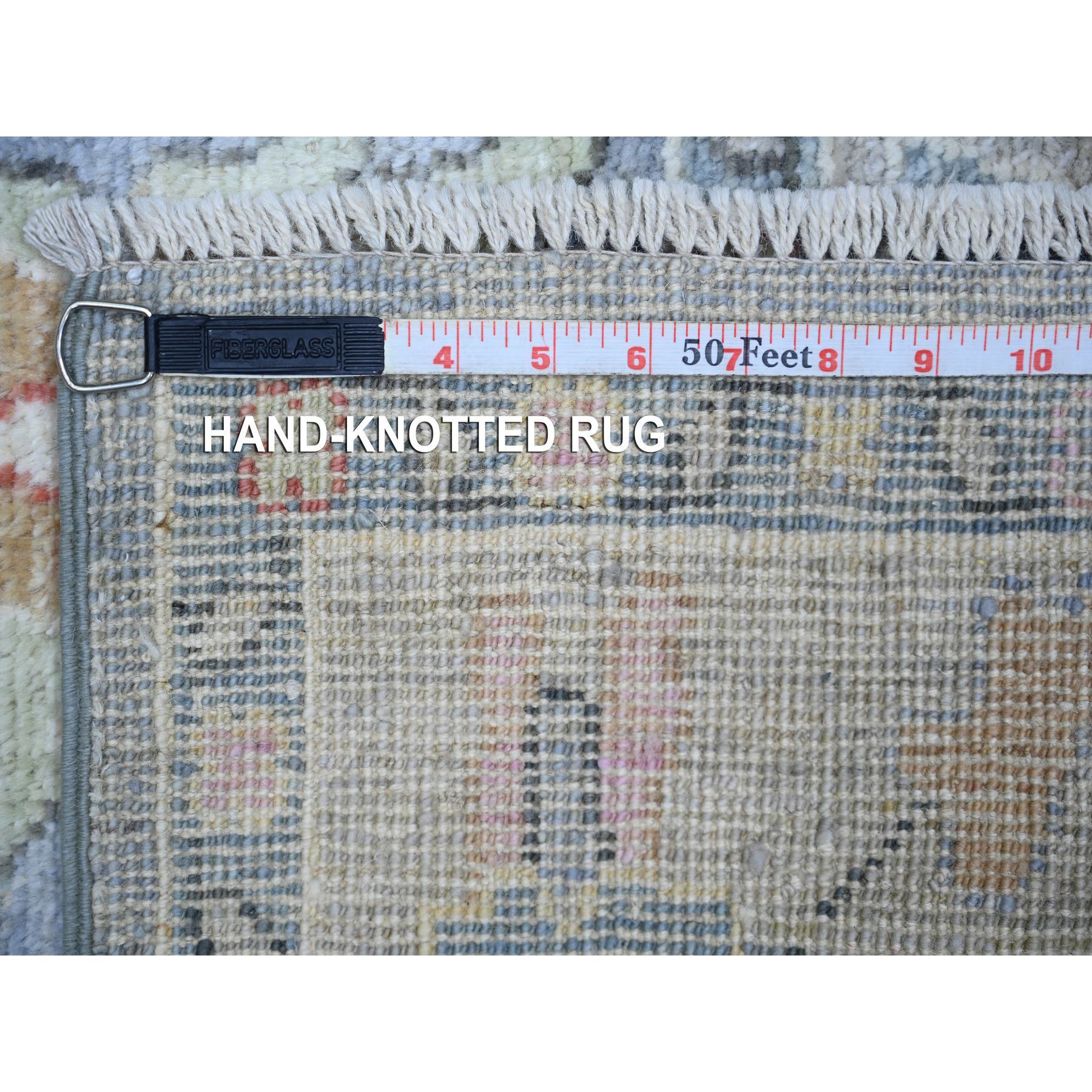 4'x11'7" Blue Gray, Pure Wool, Hand Knotted, Afghan Angora Oushak with Leaf Design, Vegetable Dyes Wide Runner Oriental Rug HR73296 - Image 6