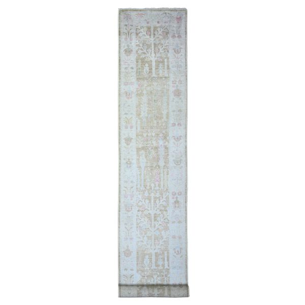 2'9"x19' Faded Brown, Afghan Angora Oushak with Willow and Cypress Tree Design, Vegetable Dyes, Soft Wool, Hand Knotted, XL Runner Oriental Rug HR73305