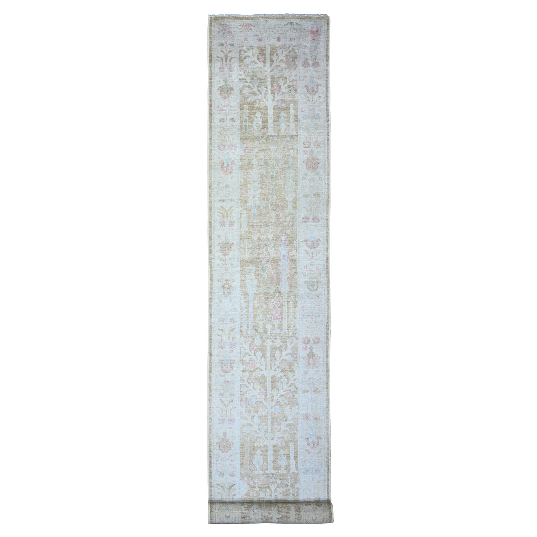 2'9"x19' Faded Brown, Afghan Angora Oushak with Willow and Cypress Tree Design, Vegetable Dyes, Soft Wool, Hand Knotted, XL Runner Oriental Rug HR73305