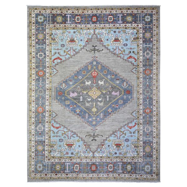 8'8"x11'7" Echo Gray, Pure Wool Hand Knotted, Finer Peshawar with Heriz Medallion Design, Densely Woven Natural Dyes, Oriental Rug HR73406
