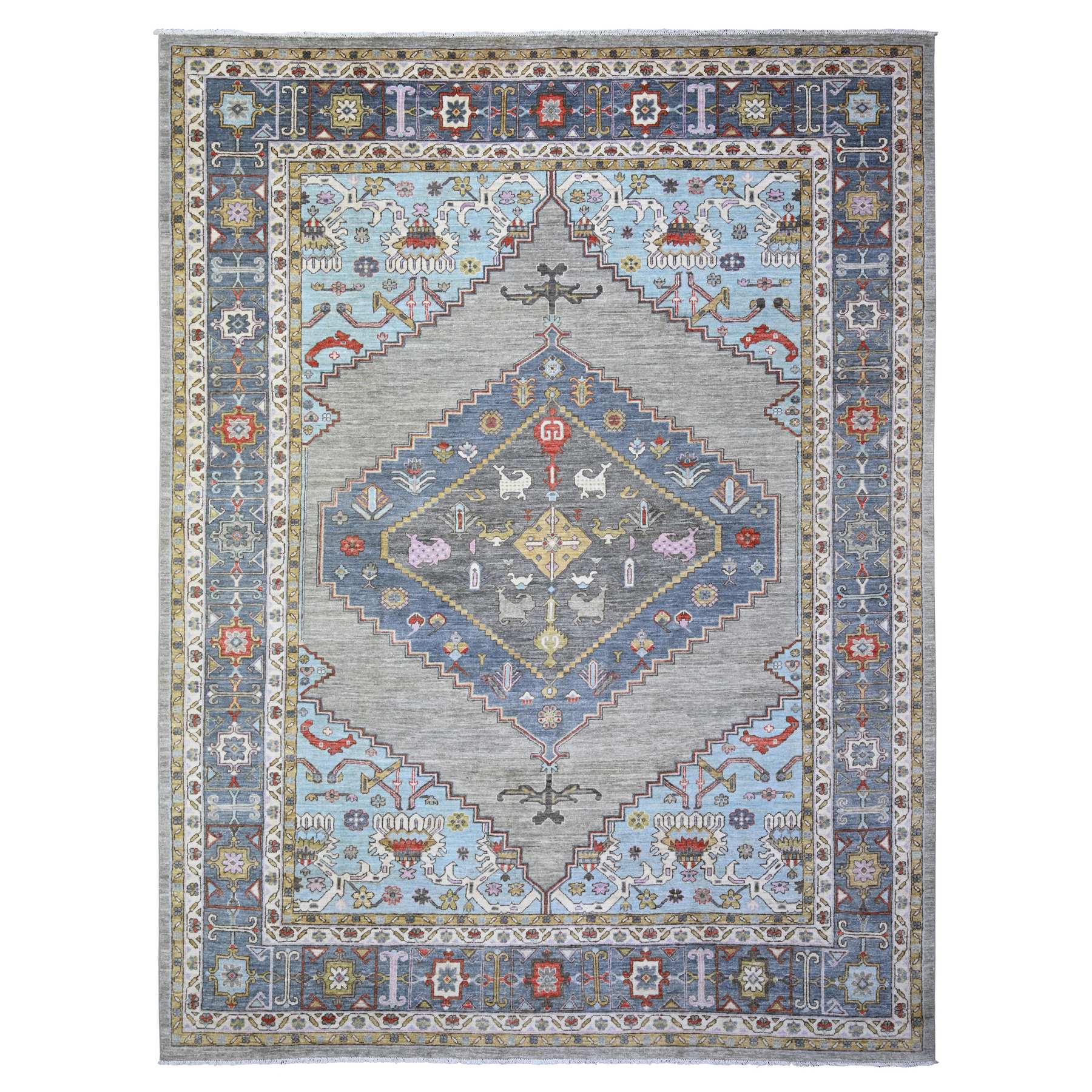 8'8"x11'7" Echo Gray, Pure Wool Hand Knotted, Finer Peshawar with Heriz Medallion Design, Densely Woven Natural Dyes, Oriental Rug HR73406
