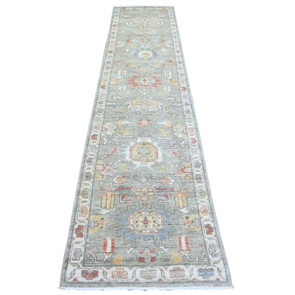 2'7"x11'9" Echo Gray, Dense Weave Vegetable Dyes, Pure Wool Hand Knotted, Finer Peshawar with Heriz Medallion Design, Runner Oriental Rug HR73411