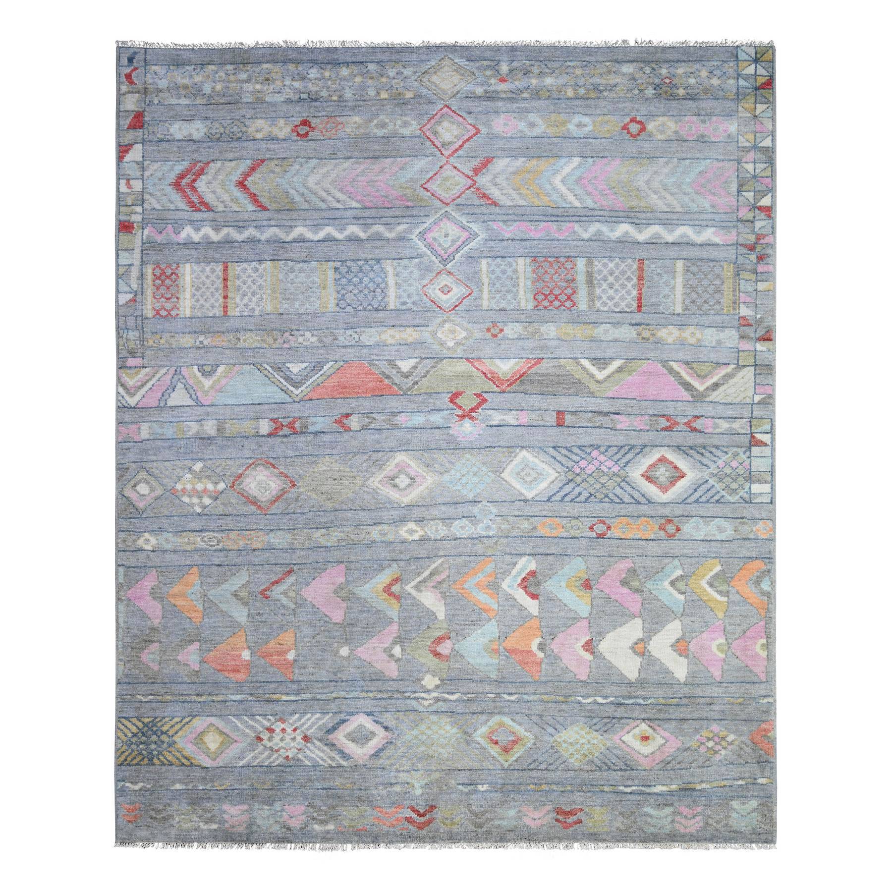 8'2"x9'8" Cadet Gray, Vegetable Dyes Soft Wool, Hand Knotted Beni Ourain Moroccan Berber Design, Oriental Rug HR73527