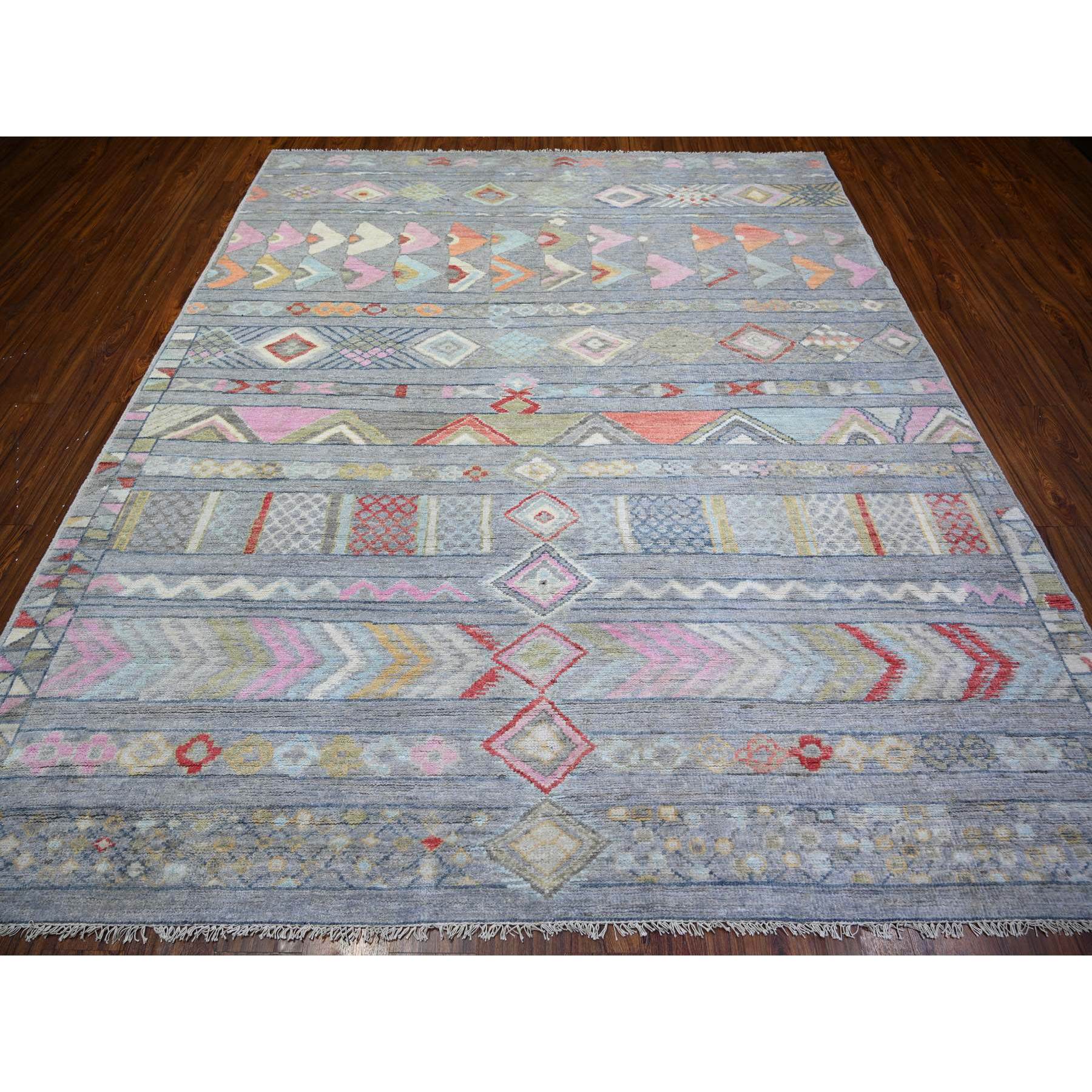 8'2"x9'8" Cadet Gray, Vegetable Dyes Soft Wool, Hand Knotted Beni Ourain Moroccan Berber Design, Oriental Rug HR73527 - Image 3