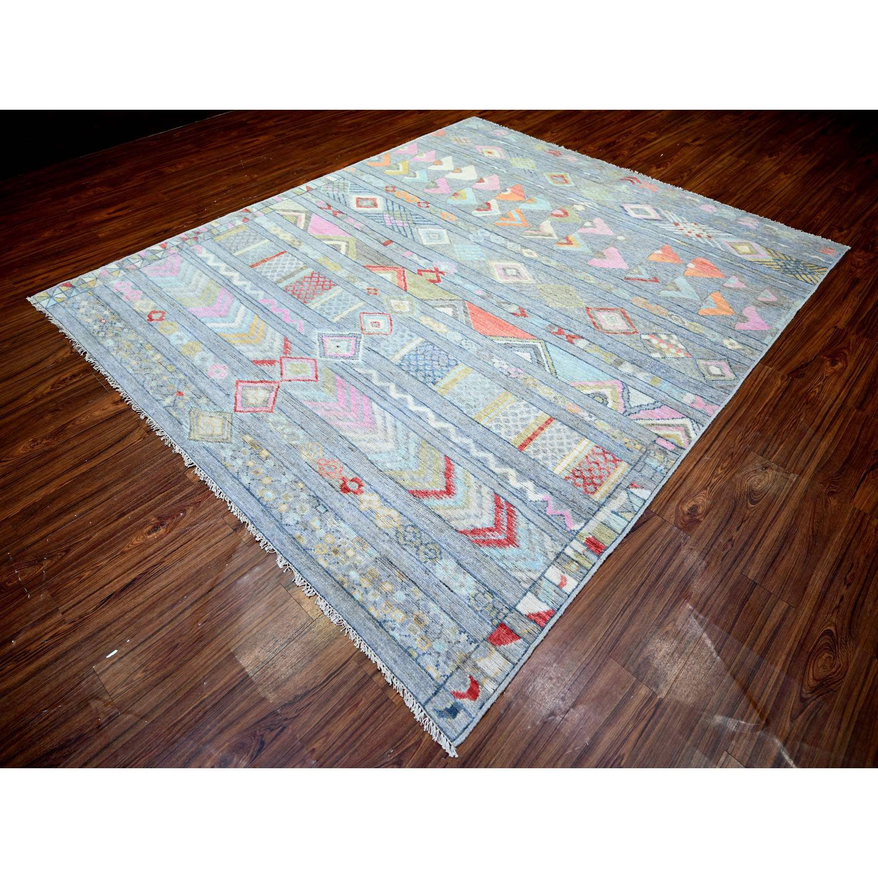8'2"x9'8" Cadet Gray, Vegetable Dyes Soft Wool, Hand Knotted Beni Ourain Moroccan Berber Design, Oriental Rug HR73527 - Image 4