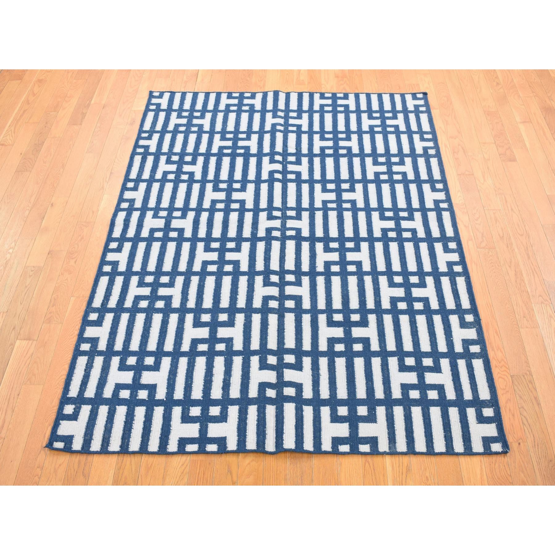 5'2"x7' Yale Blue, Kilim Geometric Design Flat Weave, Hand Woven Organic Wool, Reversible Oriental Rug HR80533 - Image 2