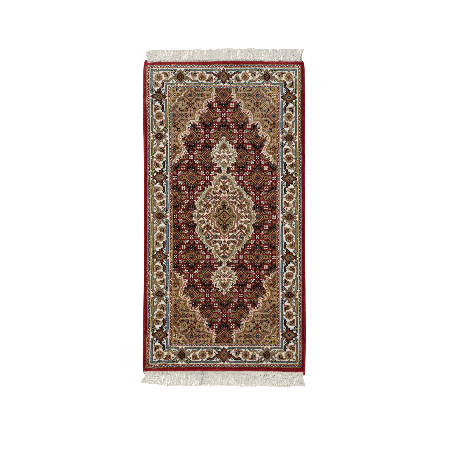 2'x4'2" Mahogany Red, Tabriz Mahi with Fish Medallion Design, 100% Wool, 175 KPSI, Hand Knotted, Mat Oriental Rug HR65083