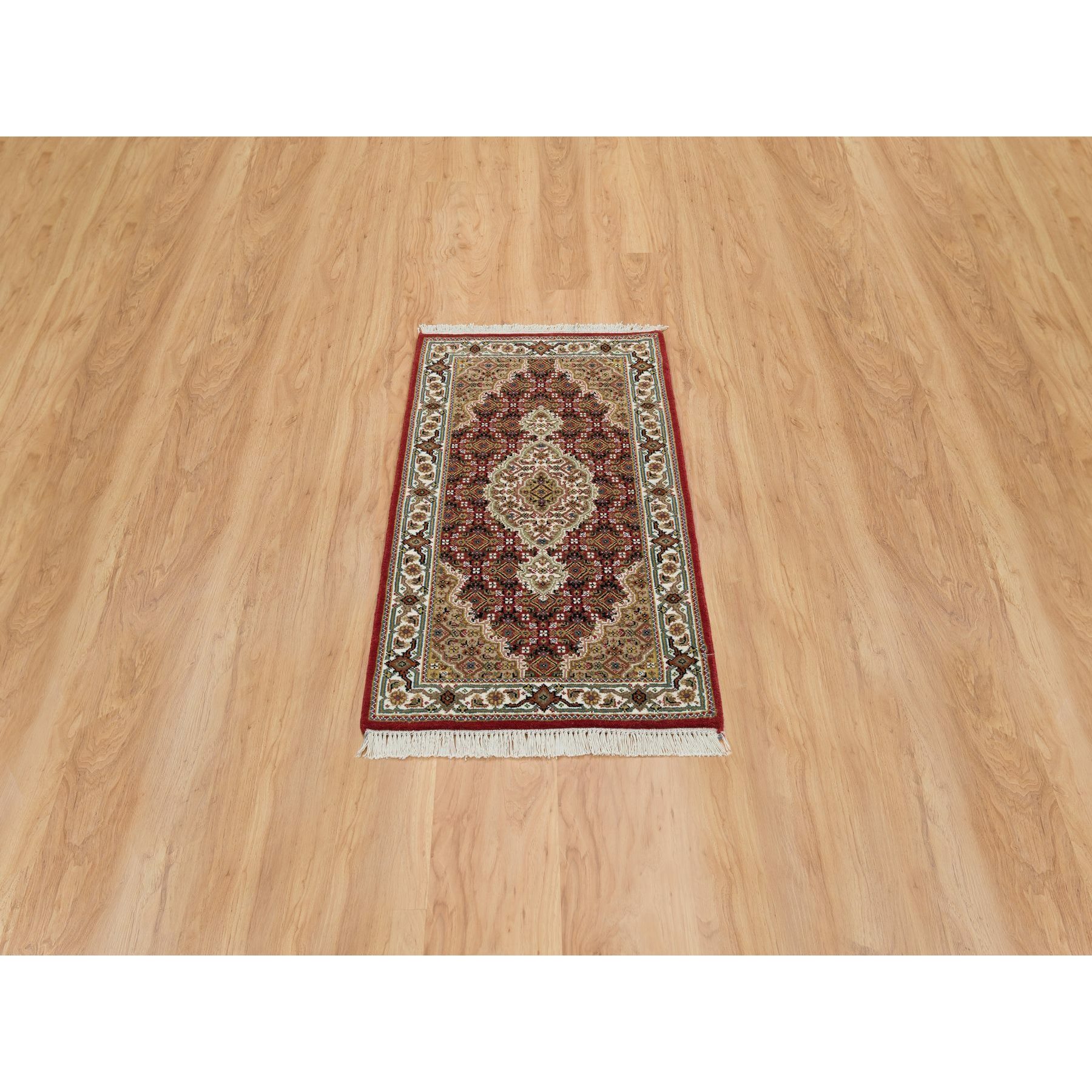 2'x4'2" Mahogany Red, Tabriz Mahi with Fish Medallion Design, 100% Wool, 175 KPSI, Hand Knotted, Mat Oriental Rug HR65083 - Image 2