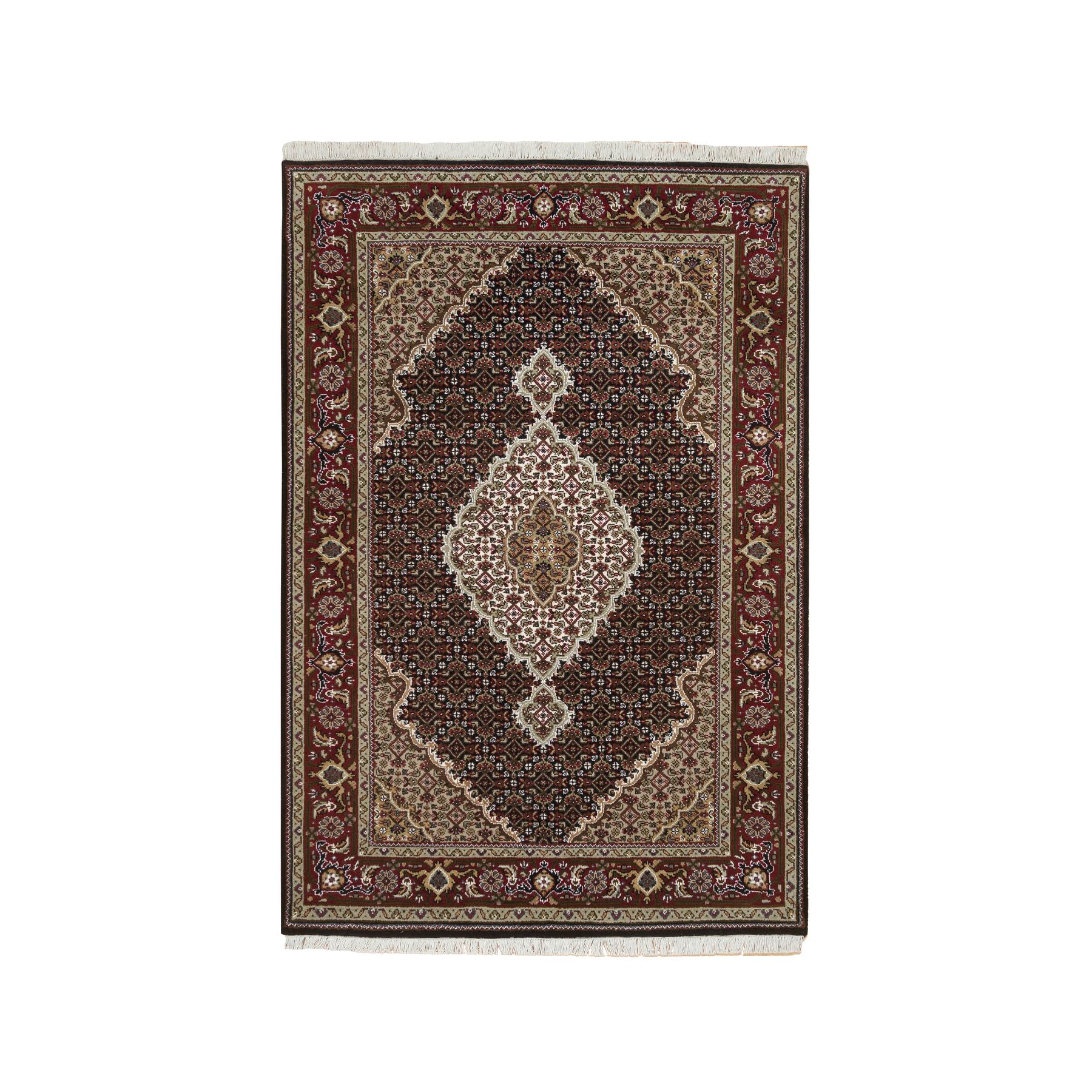 4'x6'1" Rich Black, Tabriz Mahi with Fish Medallion Design, 175 KPSI, Hand Knotted, 100% Wool, Oriental Rug HR65099