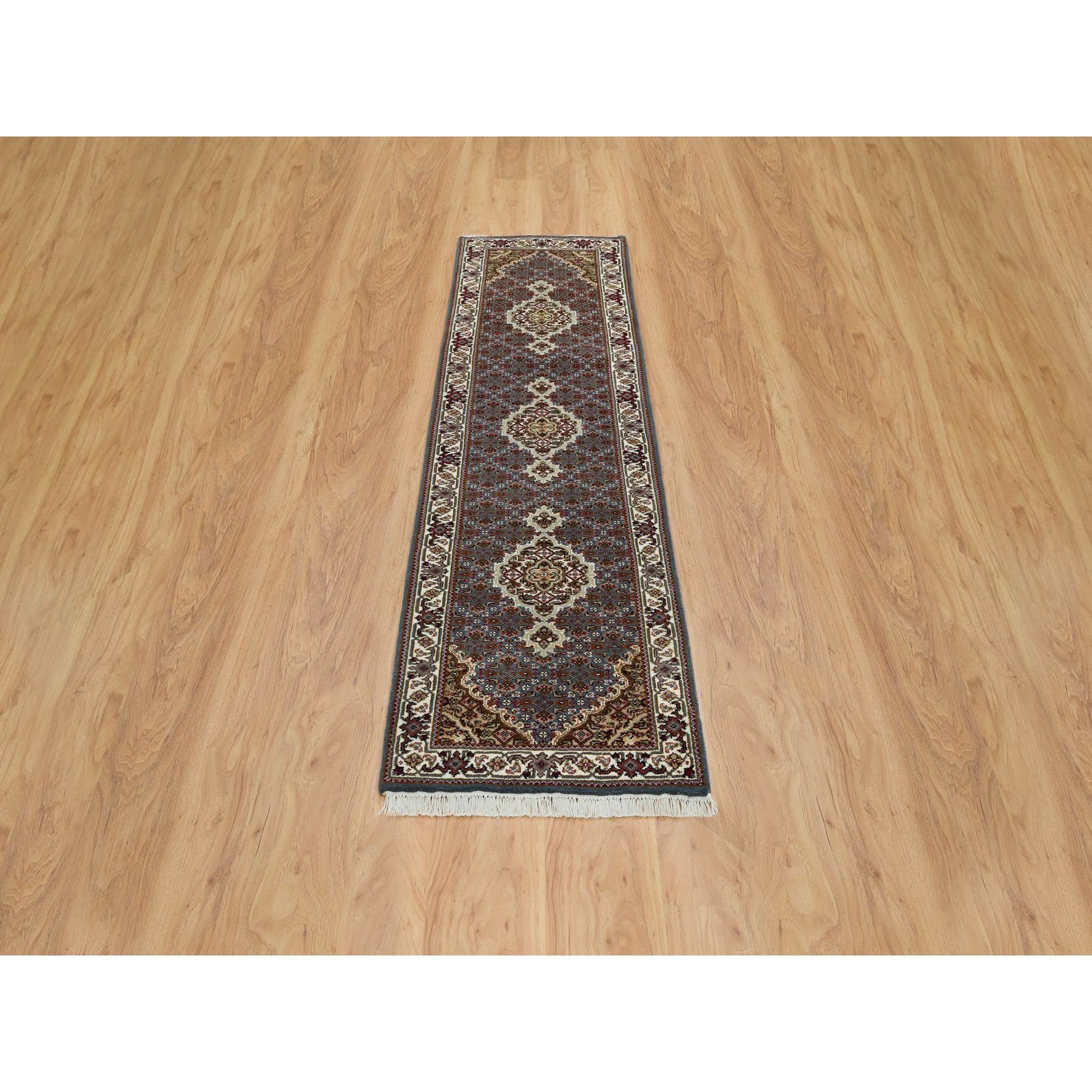 2'x8'5" Light Gray, Tabriz Mahi with Fish Medallion Design, Pure Wool, 175 KPSI, Hand Knotted, Runner Oriental Rug HR65105 - Image 2